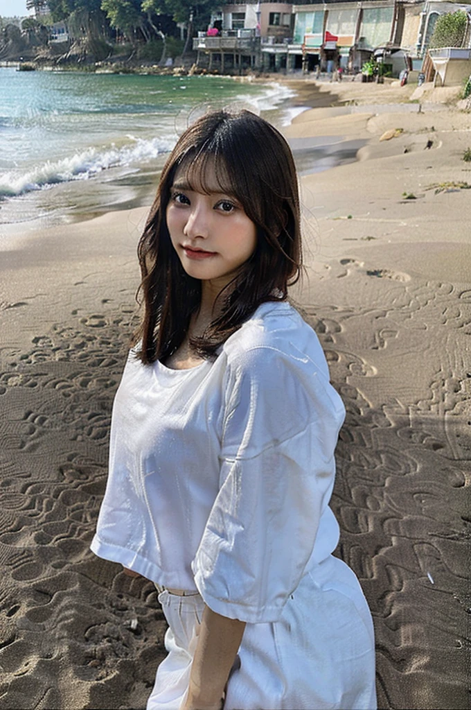 Korean girl on the beach sitting on the sand