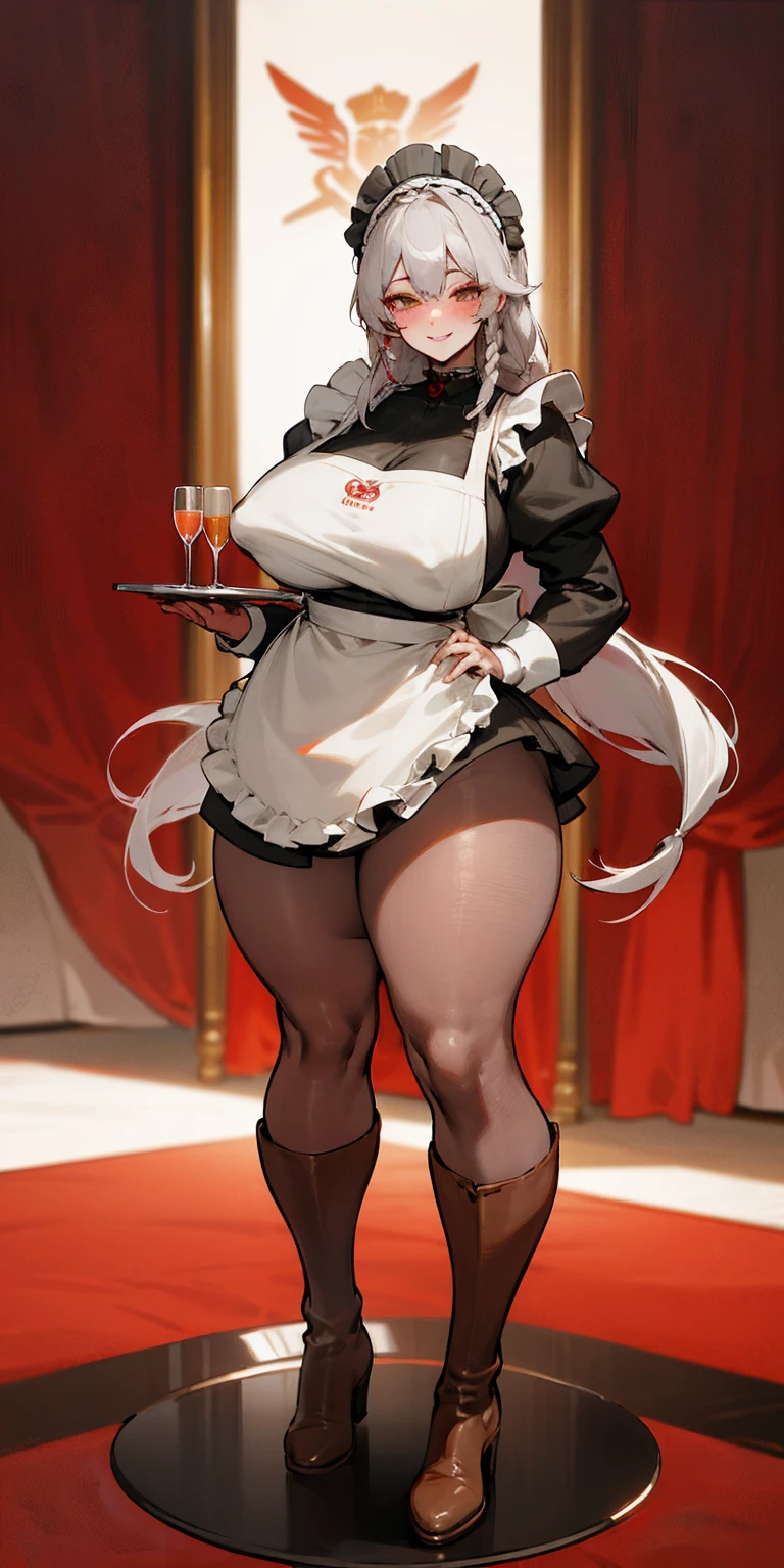 full body standing straight symmetrical, lustful smirking smile face red blush red cheeks, looking at viewer, holding tray, braid, maid headdress, maid, dress, apron, long sleeves, brown pantyhose, long leather militar boots, thighs, long white hair, masterpiece