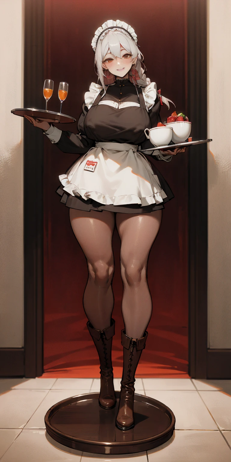 full body standing straight symmetrical, lustful smirking smile face red blush red cheeks, looking at viewer, holding tray, braid, maid headdress, maid, dress, apron, long sleeves, brown pantyhose, long leather militar boots, thighs, long white hair, masterpiece