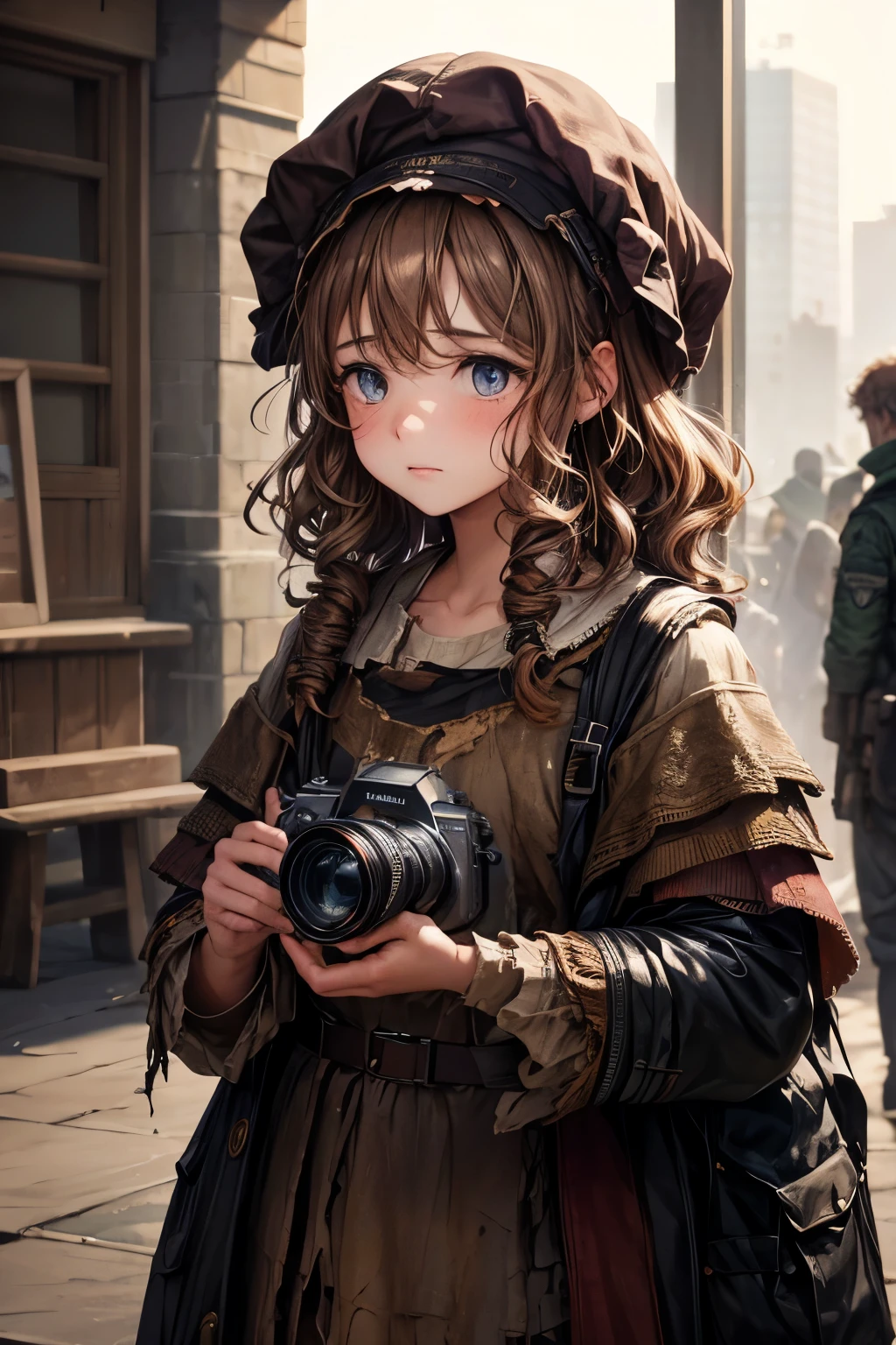 close up war photo of a homeless woman ((wear old, torn clothes)), (shy), 1 girl, standing alone, brownhair, curly and messy, very highly detailed face, gorgeous eyes, [plumpness], adorable, with rosy cheeks and bright, sad eyes, incredibly beautiful, (rembrandt lighting), Zeiss lens, ultra realistic, (highly detailed skin:1.2), 8k hd, dslr, Dramatic embroidery light, high qualiy, Fujifilm XT3,