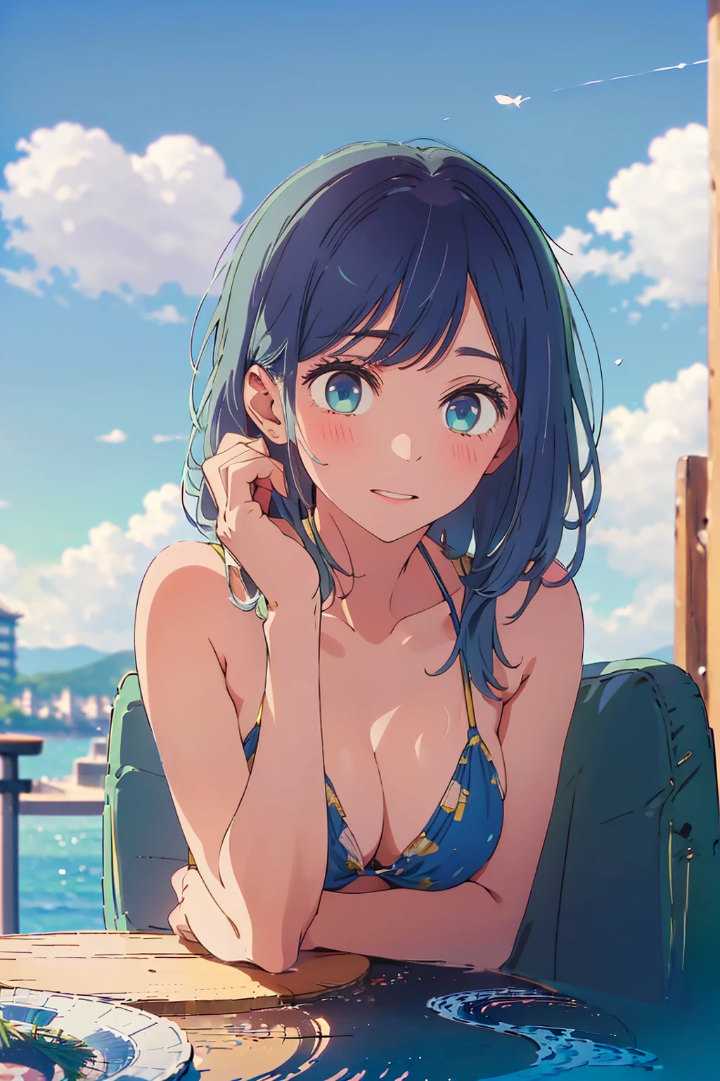 (Highest quality:1.4、masterpiece:1.4、Super detailed:1.4、8K:1.4)、F cup bust、Big Breasts、Slim body、((((1 person、Surprised expression、sit、Chair、In the background are the urban buildings of Tokyo、looking at the camera、Outdoor café terrace、coastal、Navy hair color、juice、Shooting from a distance、table、Very cute face))))、(Pose of putting hair behind ears with hands:1.4、Cheek resting on hand:1.4)、((nude、Areola、bikini size too small))、Very blue sky、A completely cloudless sky、Big eyes、((((Shallow depth of field))))