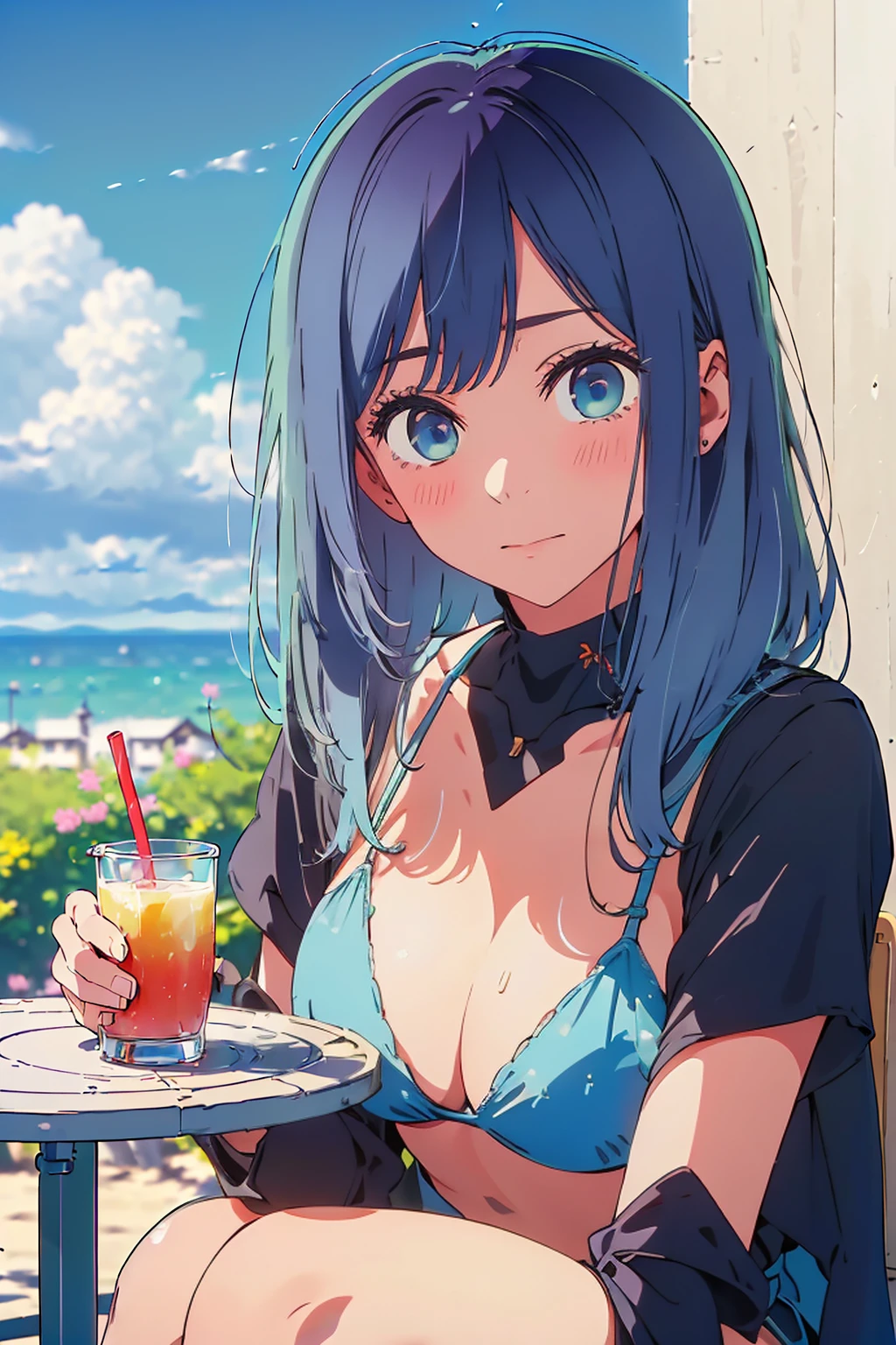 (Highest quality:1.4、masterpiece:1.4、Super detailed:1.4、8K:1.4)、F cup bust、Big Breasts、Slim body、((((1 person、Surprised expression、sit、Chair、In the background are the urban buildings of Tokyo、looking at the camera、Outdoor café terrace、coastal、Navy hair color、juice、Shooting from a distance、table、Very cute face))))、(Pose of putting hair behind ears with hands:1.4、Cheek resting on hand:1.4)、((nude、Areola、bikini size too small))、Very blue sky、A completely cloudless sky、Big eyes、((((Shallow depth of field))))
