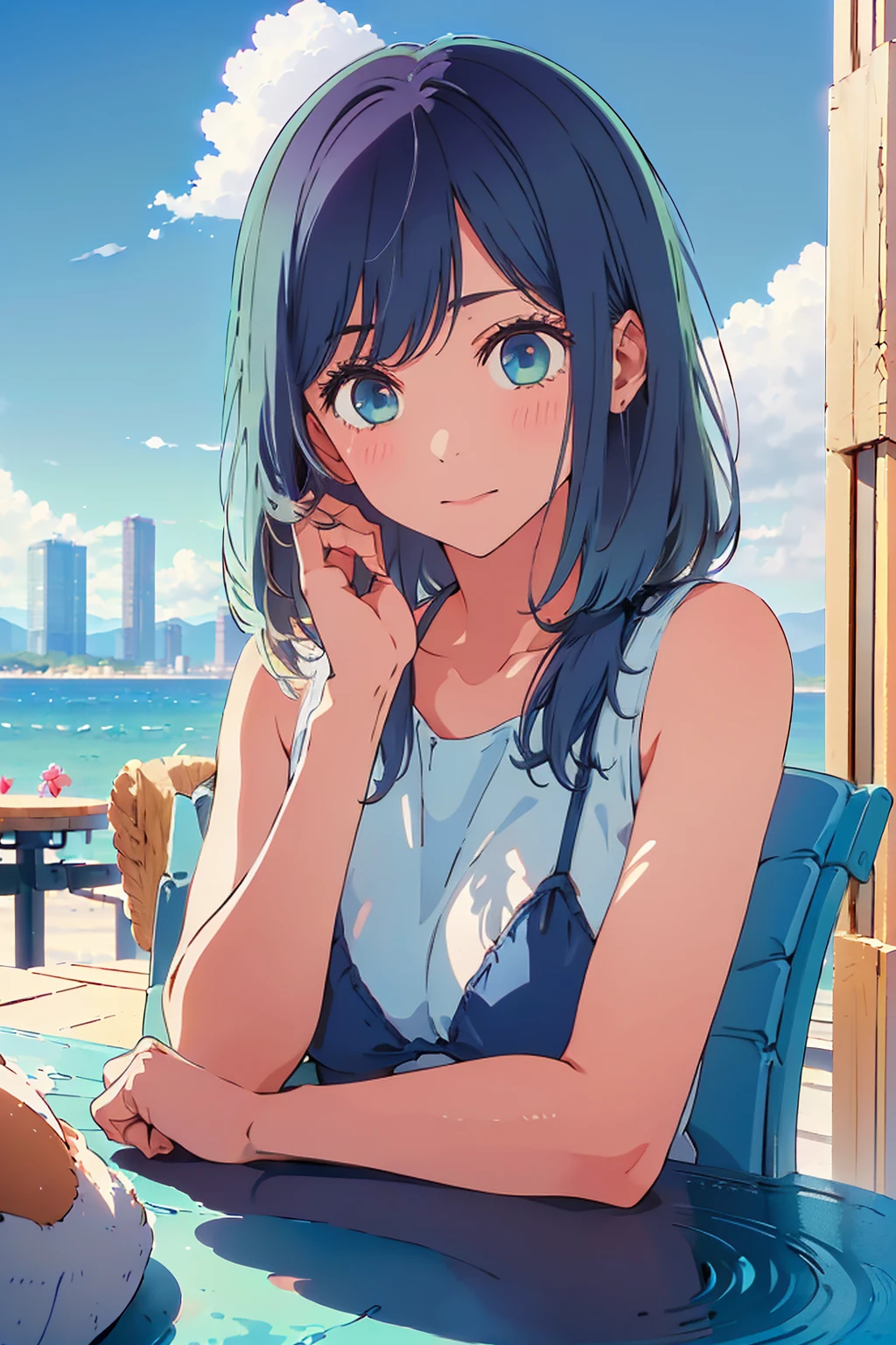 (Highest quality:1.4、masterpiece:1.4、Super detailed:1.4、8K:1.4)、F cup bust、Big Breasts、Slim body、((((1 person、Surprised expression、sit、Chair、In the background are the urban buildings of Tokyo、looking at the camera、Outdoor café terrace、coastal、Navy hair color、juice、Shooting from a distance、table、Very cute face))))、(Pose of putting hair behind ears with hands:1.4、Cheek resting on hand:1.4)、((nude、Areola、bikini size too small))、Very blue sky、A completely cloudless sky、Big eyes、((((Shallow depth of field))))