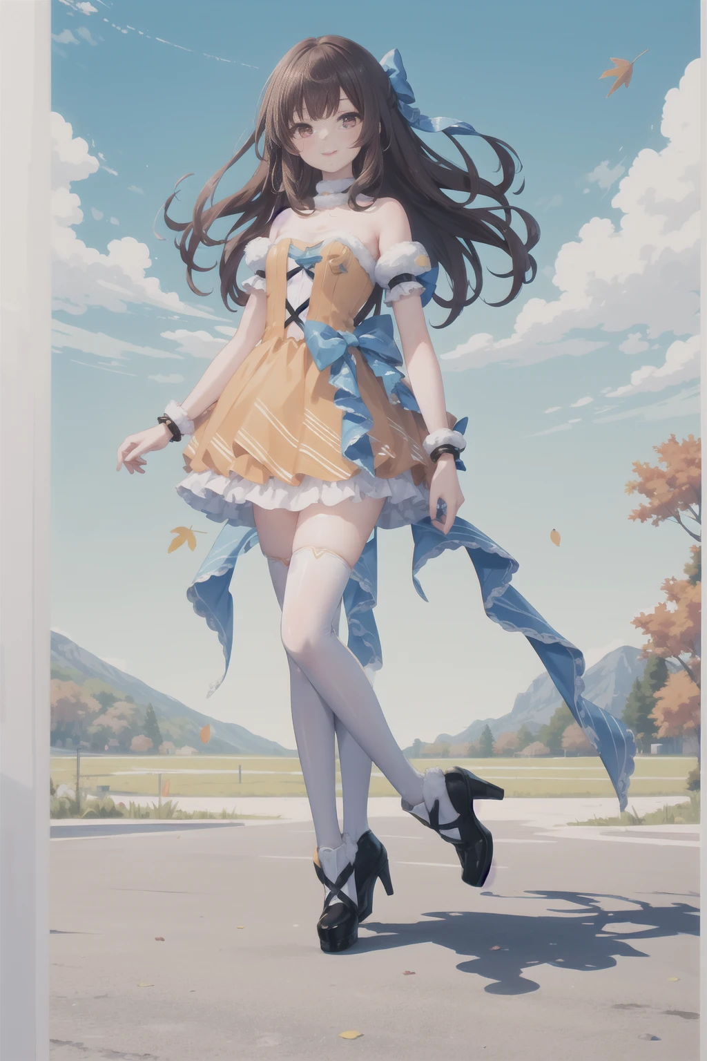 (((full body photo))), masterpiece, best quality,shiny,chromatic aberration abuse,pastel color,full body,
1girl,solo, aoisan,red eyes,brown hair,smile,
strapless dress,bow, yellow dress,white thighhighs, high heels, blue ribbon,lake,autumn leaves, mountainous horizon,