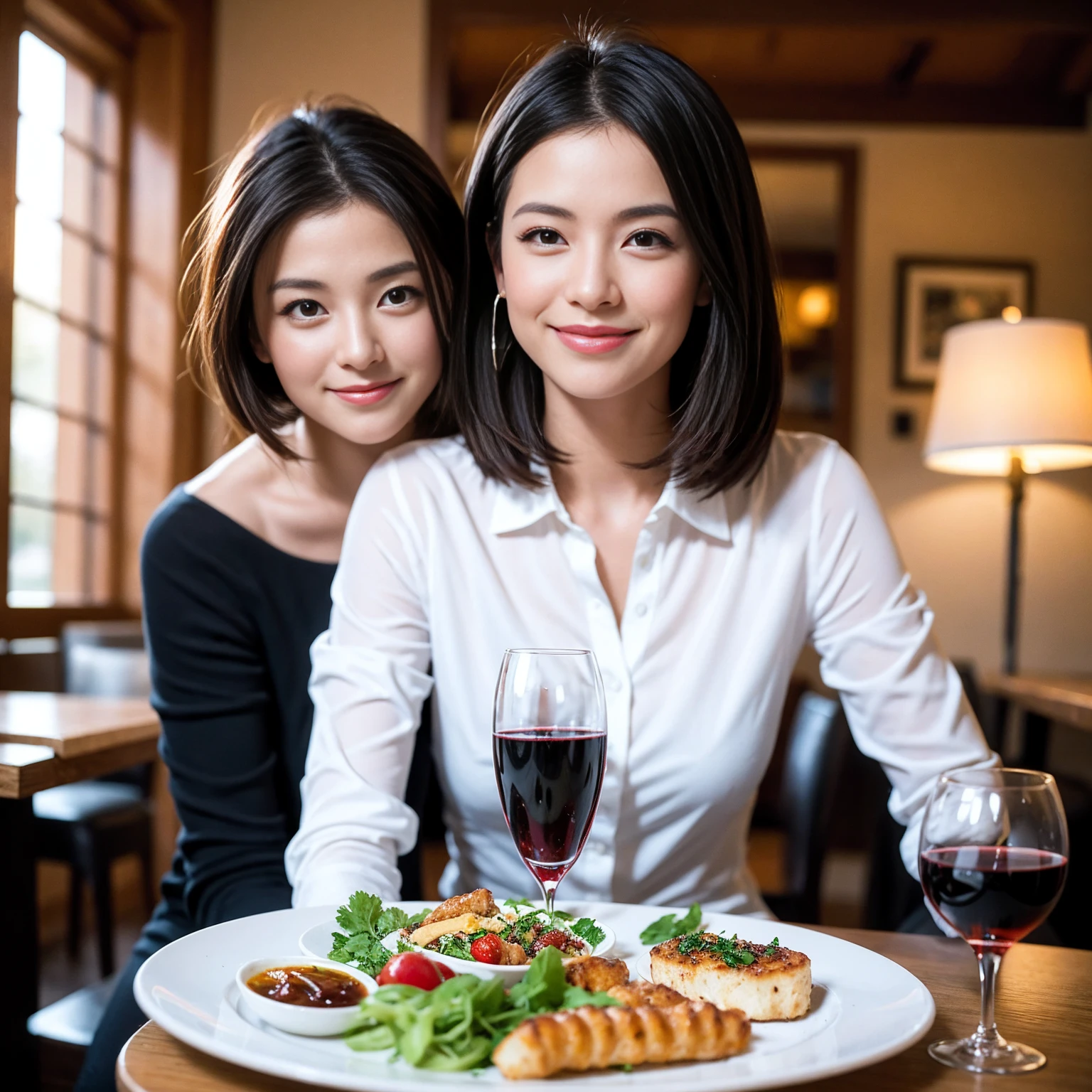 ((Highest quality、、masterpiece:1.3))、1 male、1 female、spouse、Beautiful couple、Japanese couple、smile、 (Slim face), (the body is スリム), (Brown Hair), (Shortcuts), ((Bob Hale、Straight hair:1.2)), テーブルの上のwine glass、Please shine a light on my face、 Amazing view of the sunset sky and clouds、Amazing mountain views、smileの美しさ、Bright image、Blushing, Shortcuts,Bright Face、 age), 39 age, red wine 、Appetizers、Italian food、Wine bottle、Champagne、sparkling wine、Long sleeve shirt、dress、Attractive beauty、restaurant, Nova Frog Style, actress, model, Upper Body, White wine, red wine, wine glass,