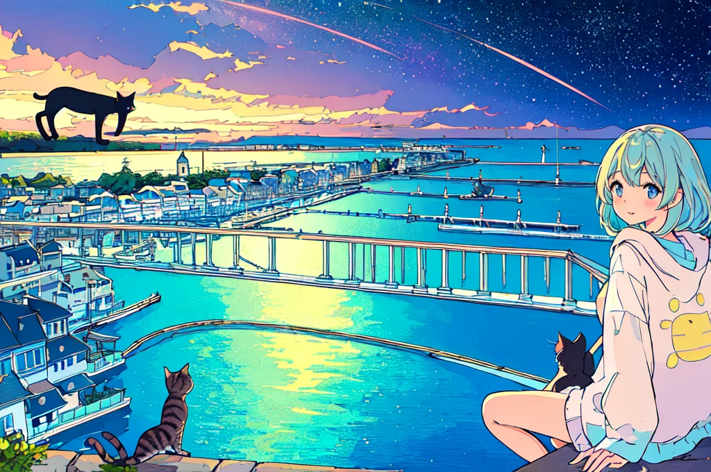 high quality、Detailed background、in 8K、Seaside town、One beautiful girl、Cute Hairstyles、Overlooking the cityscape、Midnight,detailed、pastel colour、shooting star、ripple,((Cat))、