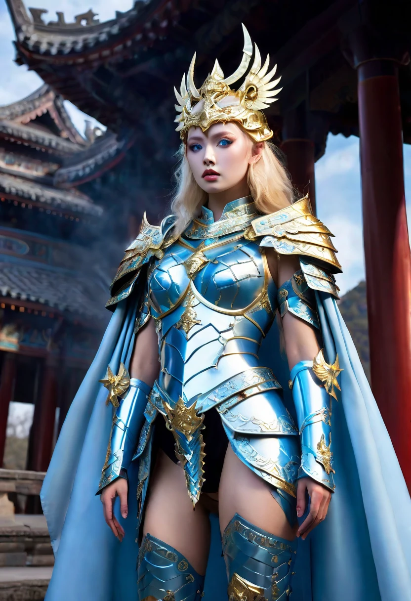a celestial princess,wearing red and gold mythical armor, iridescent, vibrant, octane render, icy blue eyes, blonde hair, intricate mythical steel thigh armor, intricate mythical steel tigh latex armor, cape, intricate mythical pagoda headpiece, standing in front of ancient temple, sky full of stars, highly detailed, ultra-realistic, 8k, photorealistic, cinematic lighting, volumetric lighting, dramatic shadows, epic fantasy, digital painting, intricate details, award winning art