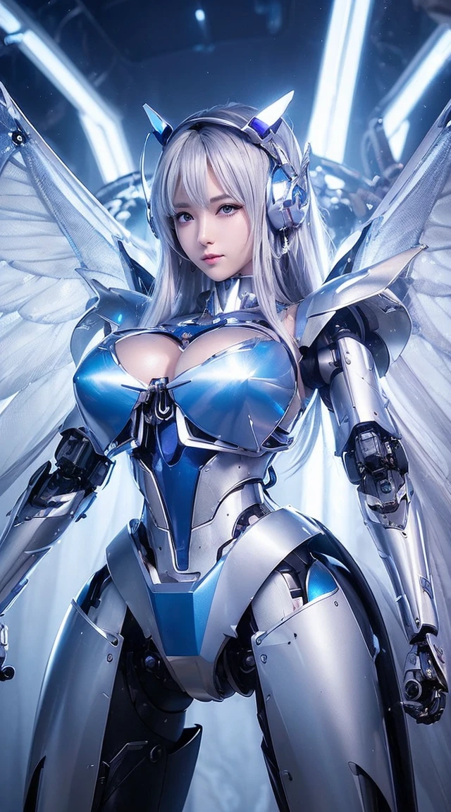 ((Intense action pose:1.6))、((Shining lenses on both breasts:1.3))、((Blue pillars of light are emanating from both chests.:1.3))、smile、((8K)), ((32k)), ((Highest quality)), ((masterpiece)), ((超A high resolution)), ((Tmasterpiece)), ((Halation:1.4))、((Mechaニカルheadgear:1.2))、((Cyber Headphones:1.3))、Fine skin, High quality fabric, Fine metal texture、((Beautiful and dense face))、RAW Photos、Professional, Ultra-fine painting, ((alone)), Beautiful breasts、Highest quality, Very detailed, Very detailed詳細, Finer details, so beautiful, ((Princess Knight Robot:1.2)), (Joints of machines, Mechanical Limbs:1.3), (The internal structure of the machine is exposed:1.3), (Long silver hair:1.1), (Beautiful and huge mechanical breasts)、White Veil, cowboy_shot, Side Focus, headgear, Shiny、(Five Fingers, Four fingers and thumb),Concept Art, Anime fantasy artwork, Detailed fantasy art, (with pale blue-violet hair and large white wings,,,,,,,), (((Long silver hair))), (Mecha:1.6)、Sleek and intimidating design, ((Commander-in-Chief'arm)), (Perfect robot body)、純白と青紫armまたは, Symmetrical wings, 8K high quality, detailed art, 3D rendering of character art in 8K, neat legs, Defined, Defined fingers,