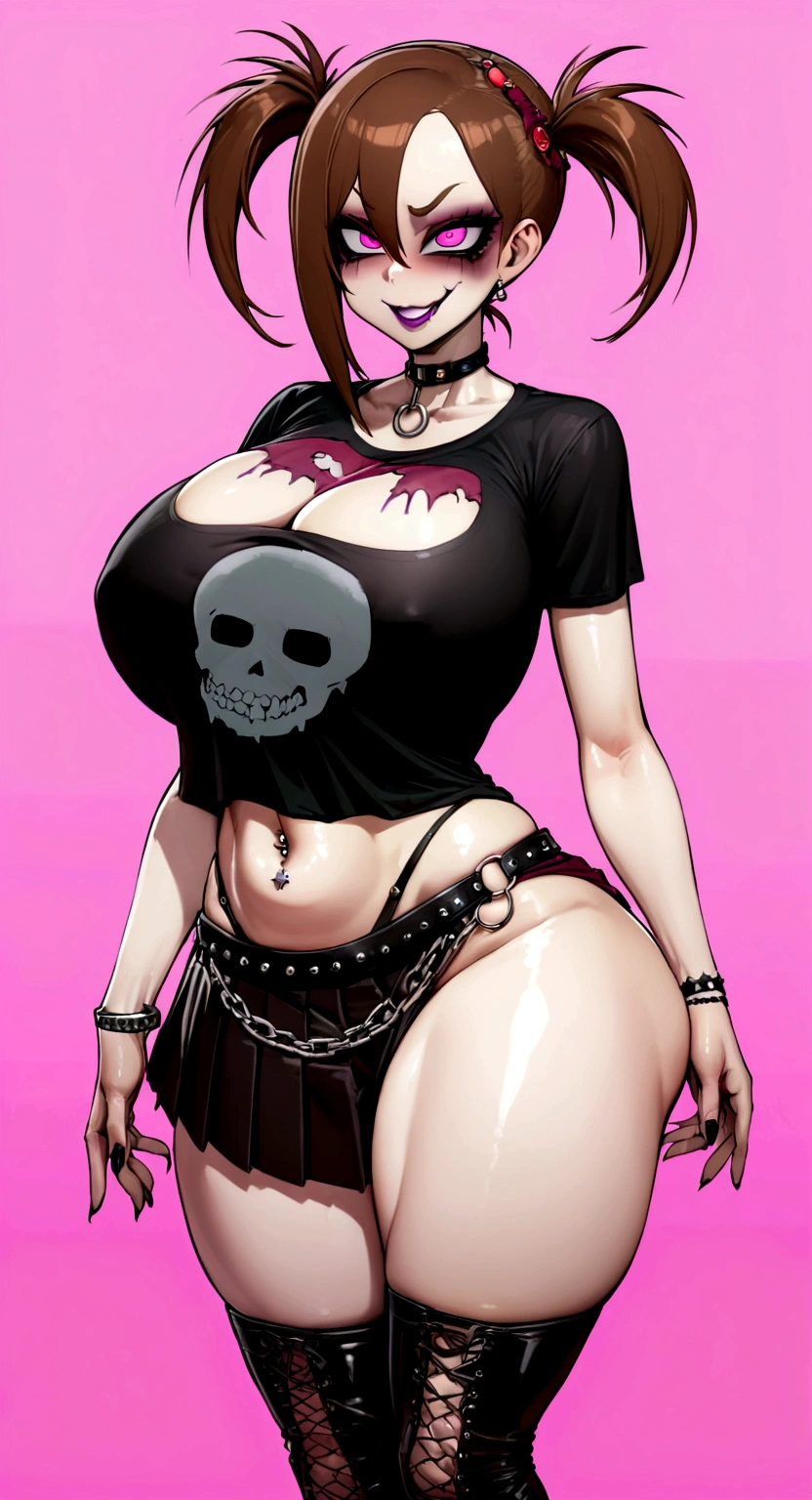 big lips, Brown hair, pink eyes, japanese face, improve, improve grin, two sides up, huge breasts, Wide hips, sexy, detailed, pink room, Hits, (evil smile1.4), kawaii, pleated skirt, punk, GOOD, zombie costume, zombie shirt, zombie choker, zombie skirt, dezombie shirt,navel piercing