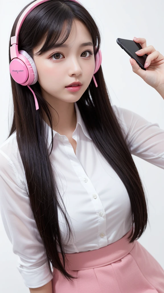 (((forehead、Northern Europe、White people、beautiful girl、Black Hair、White background、Pink wireless headphones、Holding a smartphone、high school girl、Dress shirt、mini skirt)))、table top, highest quality, figure, super detailed, finely, High resolution, 8k wallpaper, Perfect dynamic composition, detailed and beautiful eyes, Deco out,bionde, big breasts, Natural color lip,white background, random cute poses,