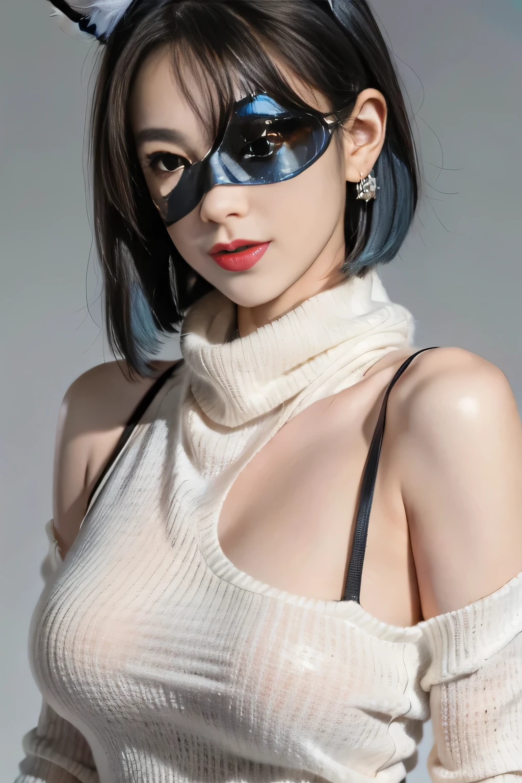 black hair, hair bobbles, wince, longeyelashes, solid circle eyes, fake animal ears, light smile, ear blush, fang, ccurate, Surrealism, drop shadow, anaglyph, stereogram, tachi-e, ass pov, atmospheric perspective, 8K, super detail, best quality, award winning, super detail, uhd, anatomically correct, retina, masterpiece, textured skin, high details, best quality, highres, high quality, accurate，1 Girl, Wallop, (Blindfolded), breast, cleveage, cleveage cutout, Dress cutout, Green Background, Hair between the eyes, scarf, high resolution, Juliet Sleeves, Long sleeve, Neil (series), Neil automata, Puffy sleeves, Red lips, Shadow Face, short hair, Solitary, turtleneck sweater, Upper Body, I have blue hair, Sky, white fox ears, White Foxtail, Nine-tailed Fox,