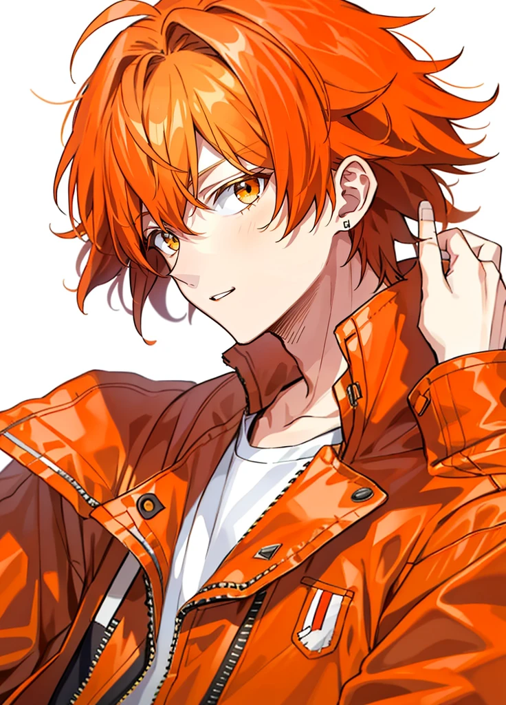 1 boy, 24 years old, messy hair, orange hair, medium hair, jacket