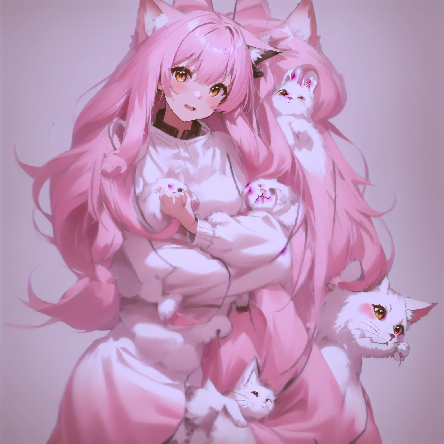 anime foxgirl with pink hair and white dress holding a cat, cute anime foxgirl, anime girl with fox ears, chibi, upper body, big head, laugh, and character traits, 9 emojis, 9 emotions, Grieves, astonishment, having fun, sound sleep, big laughter, irate, doubt, Sell moe, angry