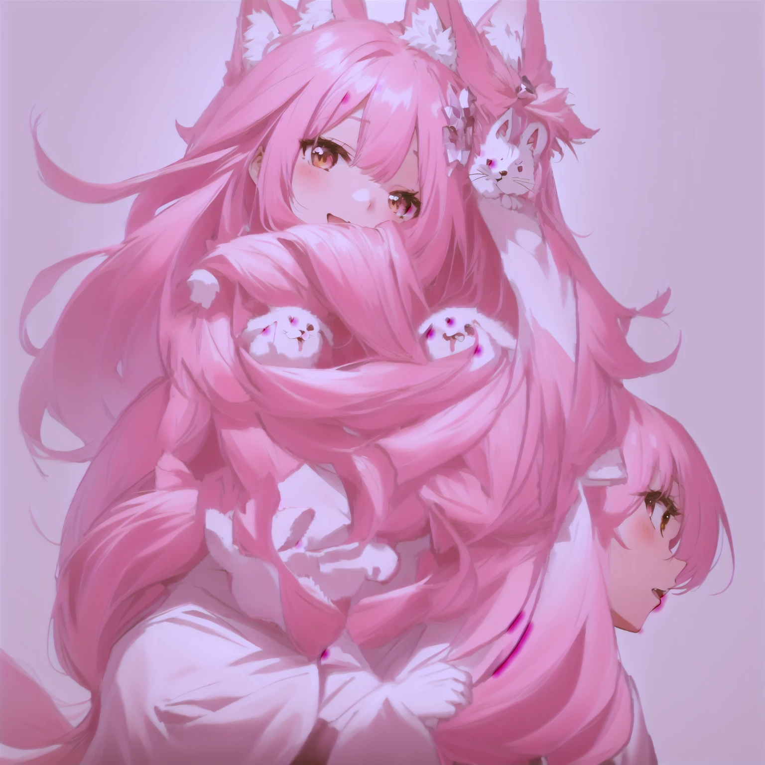 anime foxgirl with pink hair and white dress holding a cat, cute anime foxgirl, anime girl with fox ears, chibi, upper body, big head, laugh, and character traits, 9 emojis, 9 emotions, Grieves, astonishment, having fun, sound sleep, big laughter, irate, doubt, Sell moe, angry