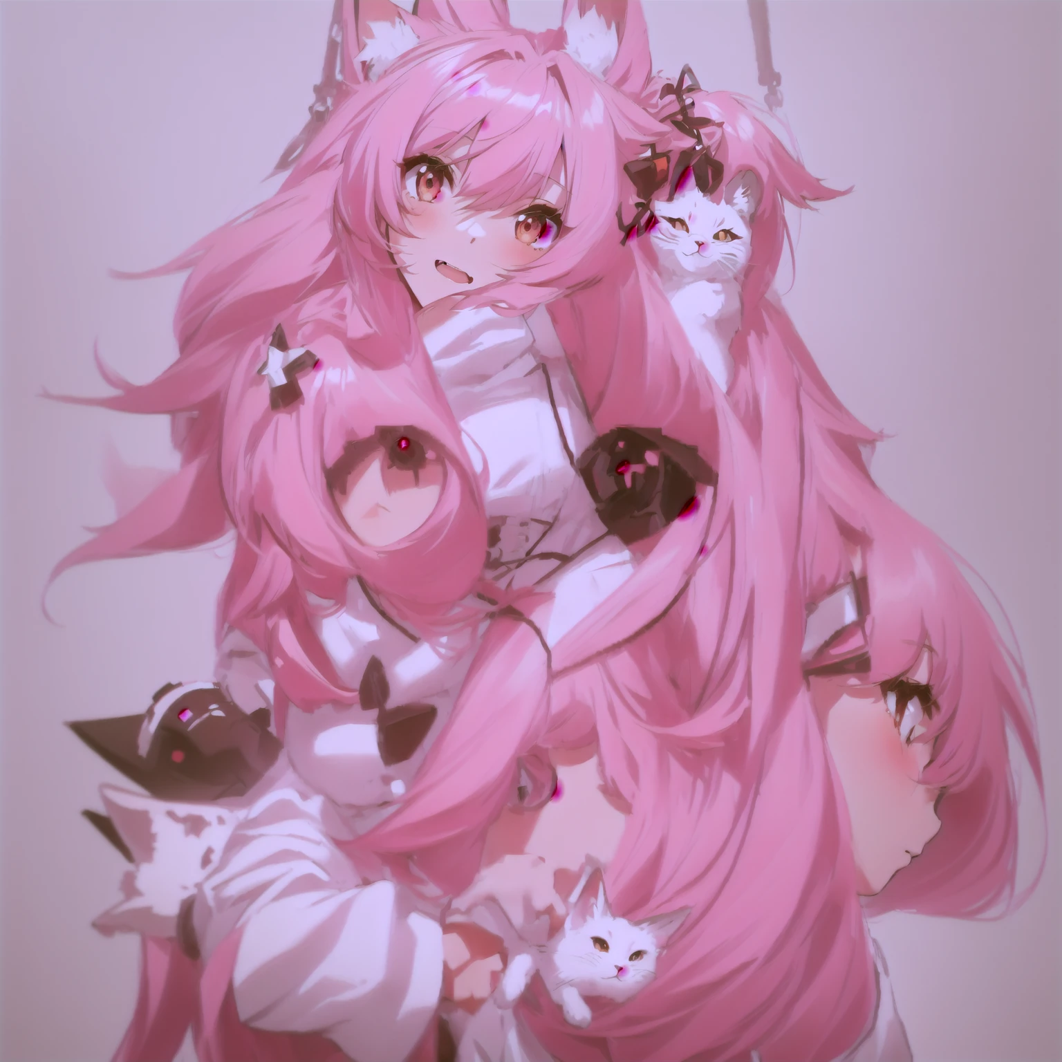 anime foxgirl with pink hair and white dress holding a cat, cute anime foxgirl, anime girl with fox ears, chibi, upper body, big head, laugh, and character traits, 9 emojis, 9 emotions, Grieves, astonishment, having fun, sound sleep, big laughter, irate, doubt, Sell moe, angry