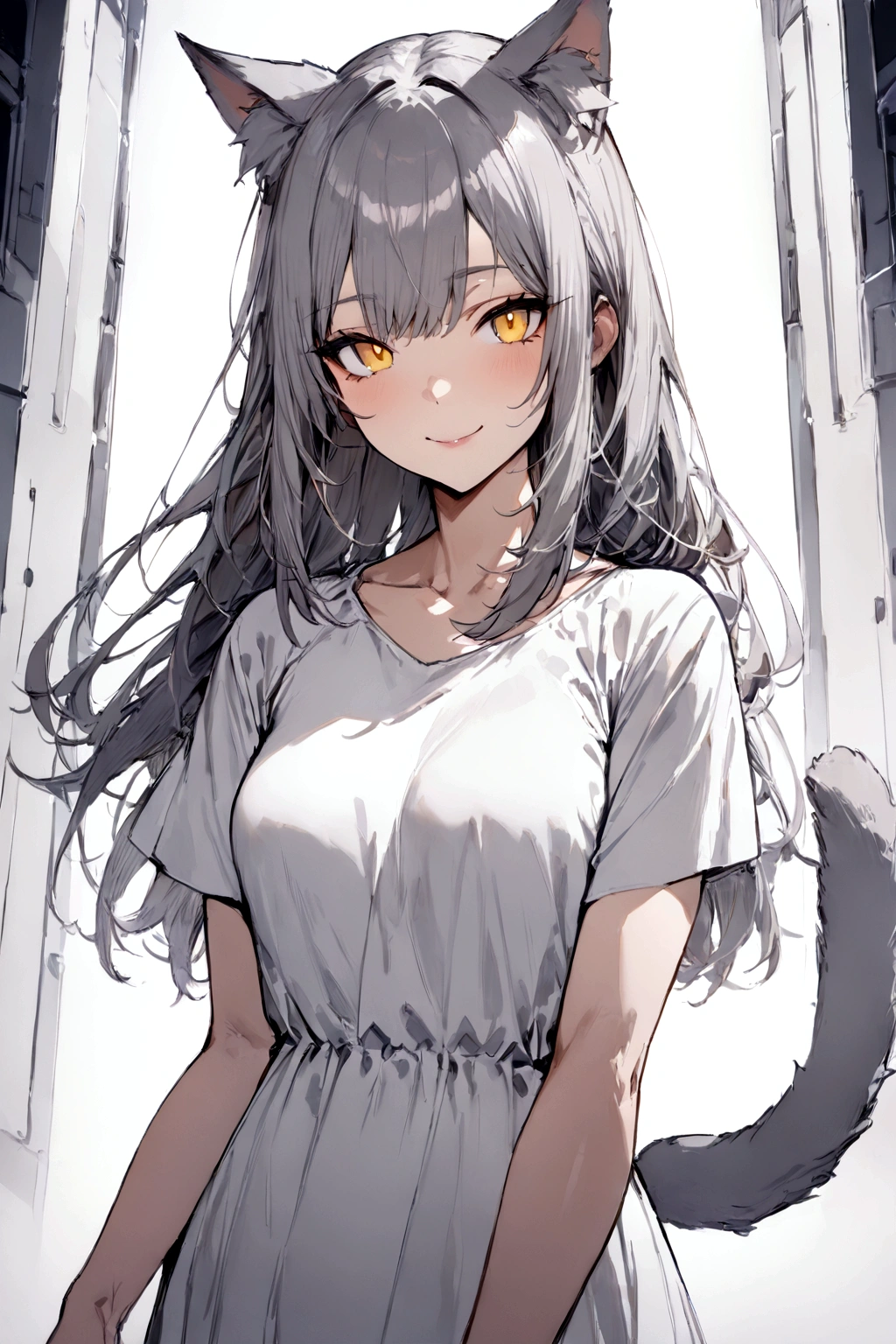 ((masterpiece)), ((best quality)), (from front, facing front:1.1), (close-up:1.2), (half-body shot:1.36), perfect anatomy, 1girl, solo, adult cat girl, long gray straight hair, yellow round eyes, gray cat ears, gray fluffy cat tail, basic short-sleeved loose white dress, smiling, looking at viewers