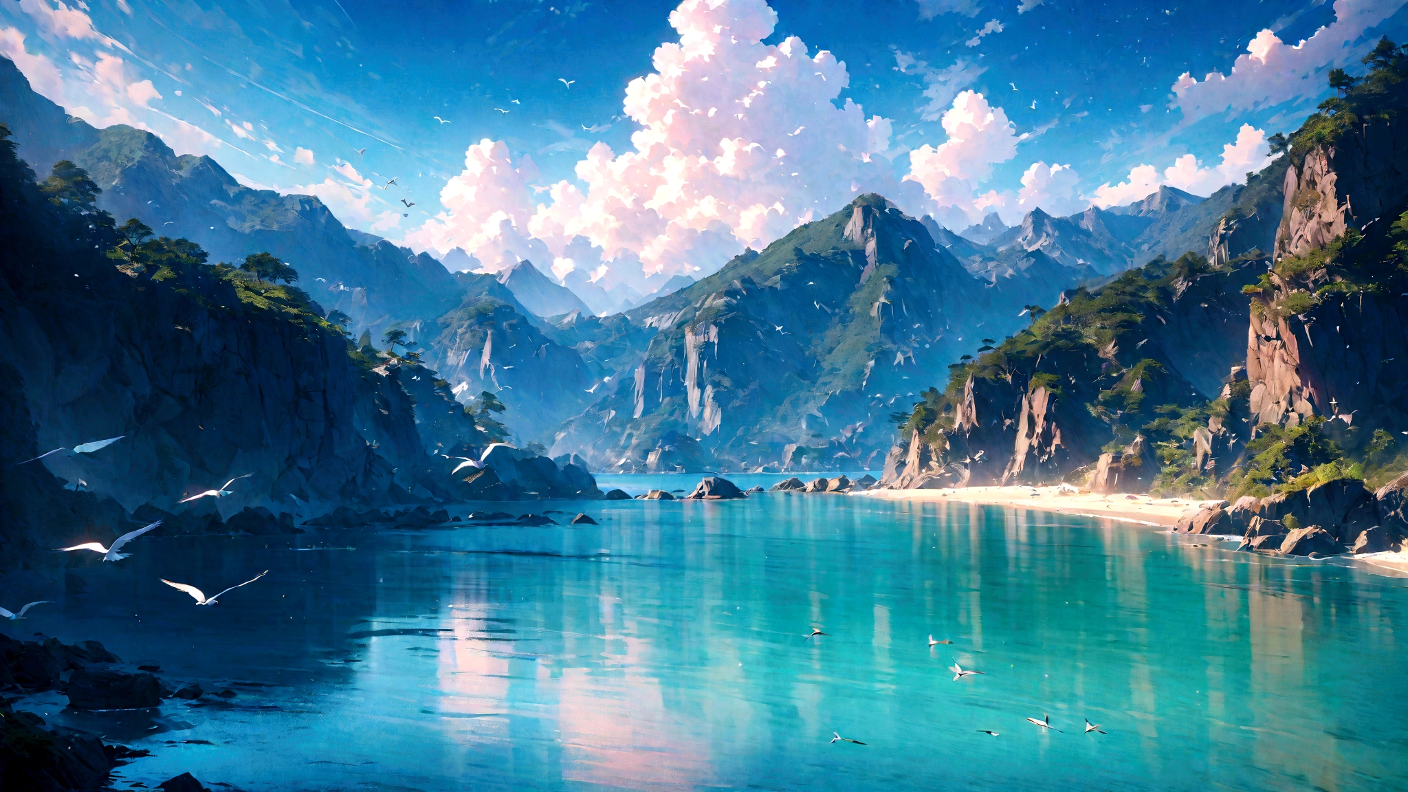 ((best quality,4K,8K,high resolution,masterpiece:1.2),Very detailed,(Practical,photoPractical,photo-Practical:1.37),(number : 1.0), Magnificent composition, Realistic lighting, high resolutionの詳細, masterpiece, best quality, (8K wallpapers combined with high-definition CG) , Chinese（Chinese插画）Starry Sky,White Cloud,birds in the distance,ocean,Spectacular views,Imagine,landscape,Waves,peaceful,peaceful,fresh air,peaceful的气氛,Endless Horizon,Vibrant colors,sky reflection on ocean surface,Lush greenery,wood々Shivering,trunk,Mountains in the background々,The magnificent beauty of nature,陸とocean,relaxing environment, Background only, View only,Beautiful sky