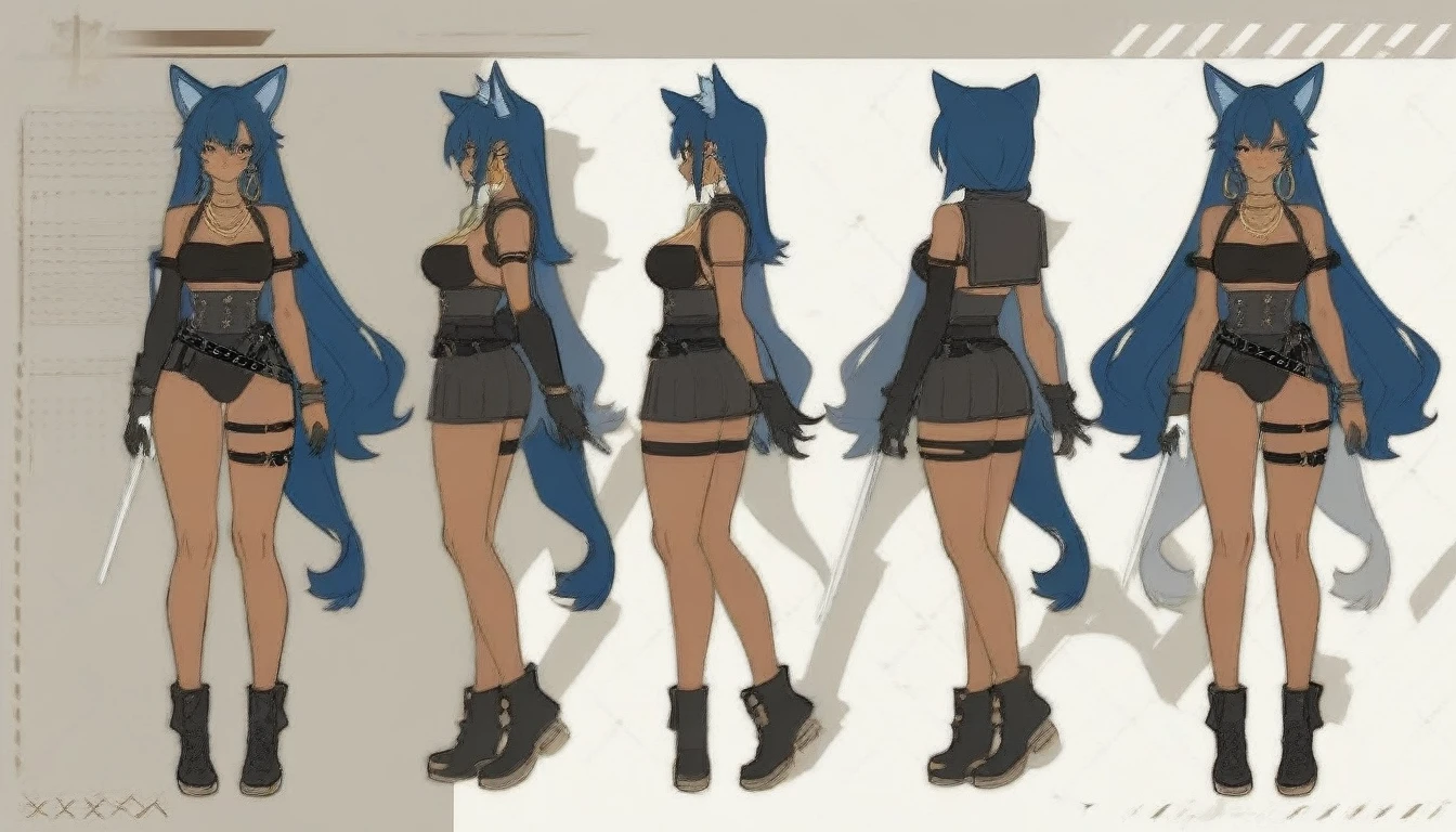 1 Girl,Cat ears,Dark skin tone的女性,Dark skin tone,clothing,earrings,Jackal ears,Jewelry,Long hair,,beautiful girl,Standing,y pose,Blue Hair,skin,Keep your mouth shut,Wear,whole body,solo,Standing, character model sheet turnaround, character turnaround, Animation character design, whole body拍摄转身, detailed whole body概念艺术, Colorful Concept Art, Anime Concept Art, whole body角色概念艺术, whole body概念艺术, game character concept art, Reference Model Table, Character Concept Reference Art,
