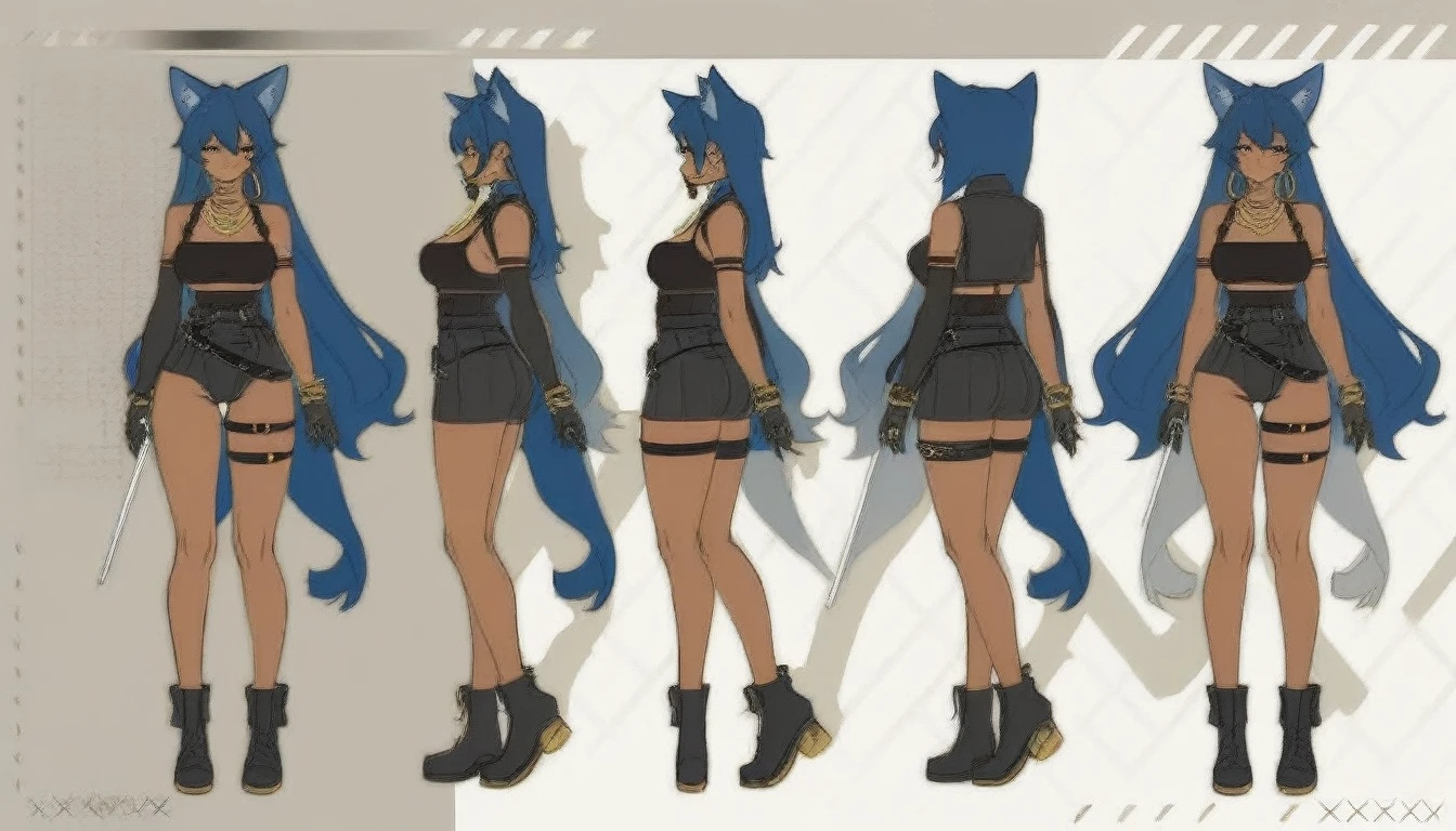 1 Girl,Cat ears,Dark skin tone的女性,Dark skin tone,clothing,earrings,Jackal ears,Jewelry,Long hair,,beautiful girl,Standing,Sexy pose,Blue Hair,skin,Keep your mouth shut,Wear,whole body,solo,Standing, character model sheet turnaround, character turnaround, Animation character design, whole body拍摄转身, detailed whole body概念艺术, Colorful Concept Art, Anime Concept Art, whole body角色概念艺术, whole body概念艺术, game character concept art, Reference Model Table, Character Concept Reference Art,