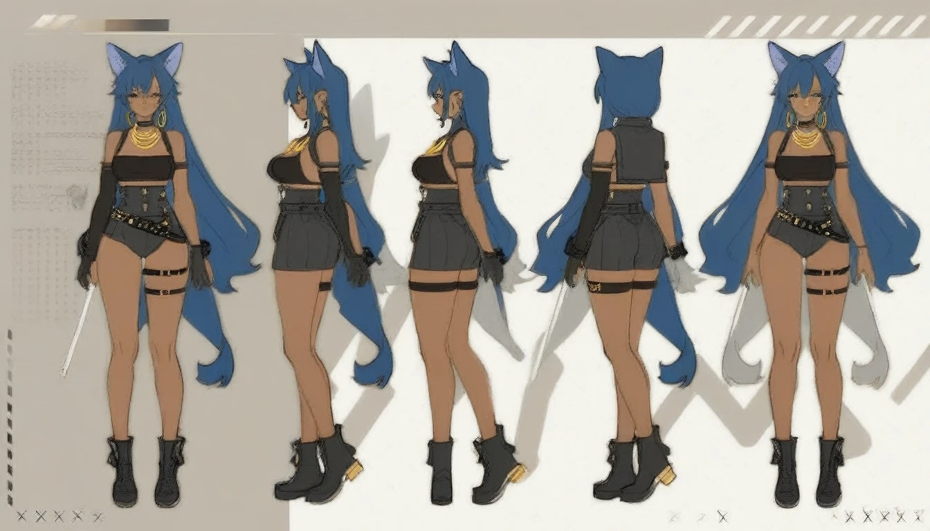 1 Girl,Cat ears,Dark skin tone的女性,Dark skin tone,clothing,earrings,Jackal ears,Jewelry,Long hair,,beautiful girl,Standing,Sexy pose,Blue Hair,skin,Keep your mouth shut,Wear,whole body,solo,Standing, character model sheet turnaround, character turnaround, Animation character design, whole body拍摄转身, detailed whole body概念艺术, Colorful Concept Art, Anime Concept Art, whole body角色概念艺术, whole body概念艺术, game character concept art, Reference Model Table, Character Concept Reference Art,