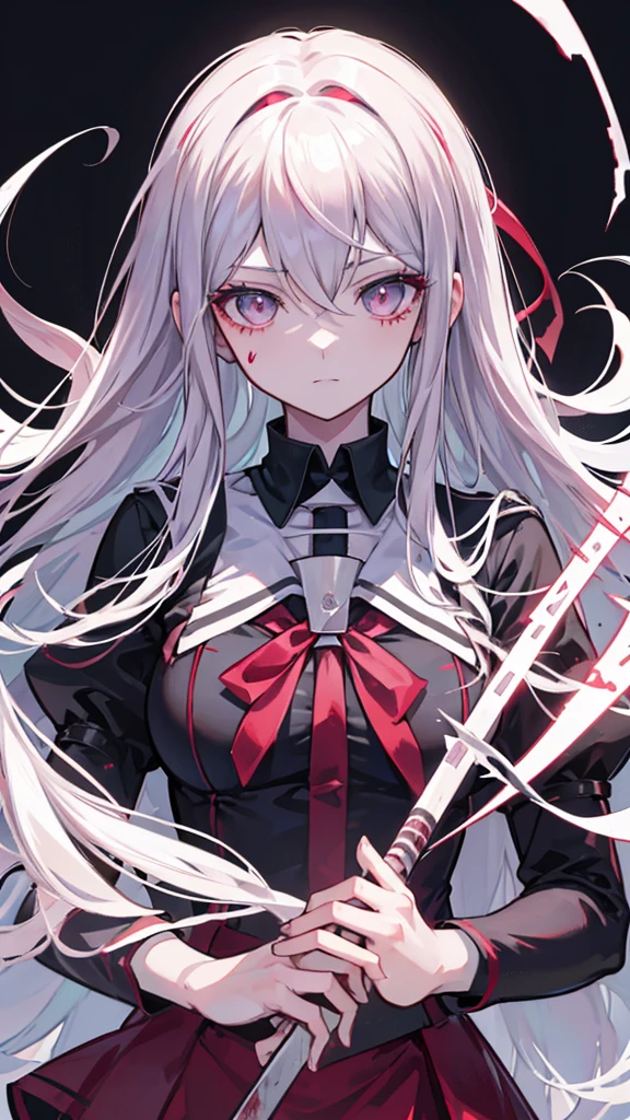 Close-up of a person holding a bloody axe in a field, Yandere. expensive, gapmoe Yandere grimdark, Yandere, gapmoe Yandere, Danganronpa digital art, Kantai Collection Style, portrait gapmoe Yandere grimdark, Fate-like anime style/Stay Night, Yandere intricate, Inspired by Honojin