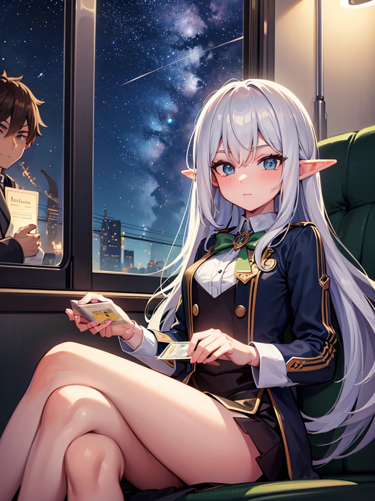 High resolution, 8K Ultra HD, ((man and elf girl)), Railway flying through the galaxy at night. Inside the train. An elf girl sitting on a two-seater seat. An elf girl hands a ticket to the conductor. ((The male conductor is standing)).