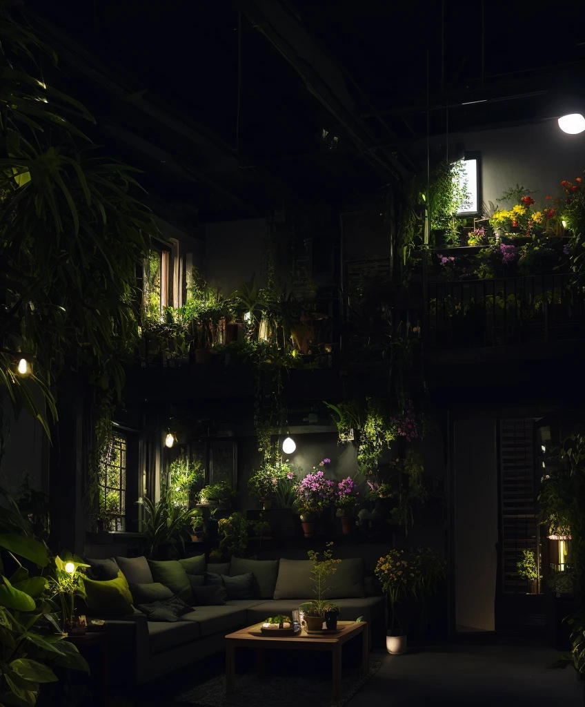 a photo of a solarpunk living room with lots of flowers and plants, dark theme, evening
