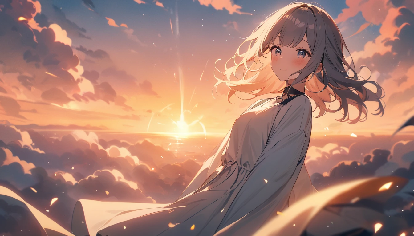 masterpiece, Highest quality, Movie stills, 1 Girl, Cloud Girl, Floating in the sky, close, bright, Happy, Warm and soft lighting, sunset, (spark:0.7)