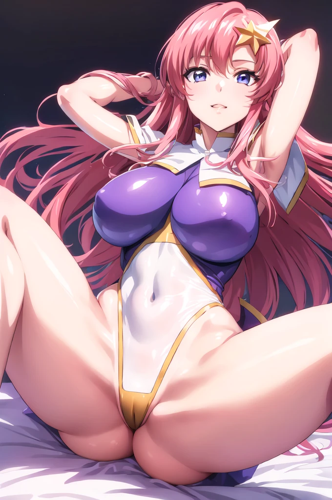 (masterpiece)、(Best image quality)、(Very detailed)、(Very detailed)、4K、(8K)、Best image quality、torn clothes,NSFW,(beautiful)、anime,(on back:1.4),(arms behind back:1.3),(M legs:1.4),(spread legs:1.4),legs up,(On the bed:1.4),More about Campbell, 1 Girl, (star hair ornaments:1.4), hair ornaments, Pink Hair, Long Hair, Leotard Purple Leotard, White leotard, A tight leotard、Huge breasts、Thick thighs、,Sitting,A light smile、Dynamic pose、gravure、Dynamic Angle、Noise Reduction、Emphasize the chest、Breast Augmentation