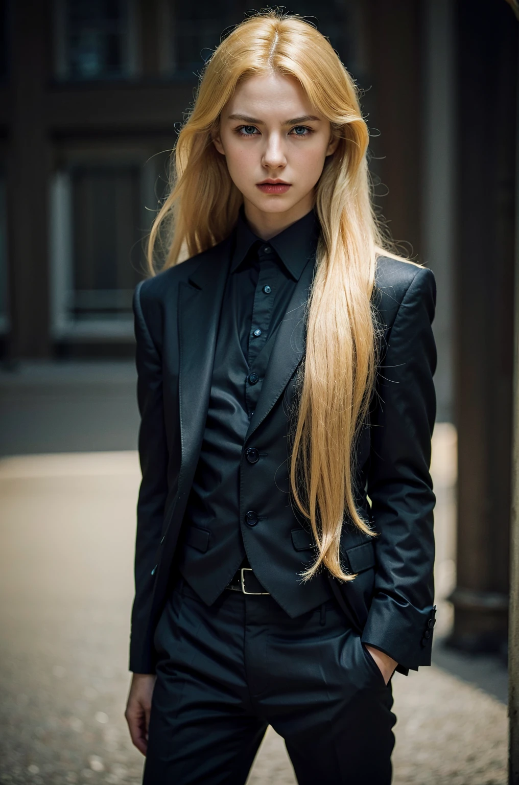 Best quality, masterpiece, ultra high res, (photorealistic:1.4), raw photo, 1girl, blonde hair, blue eyes, detailed eyes and face, black suit, dynamic lighting, in the dark, deep shadow, low key, cowboy shot full-lenght body