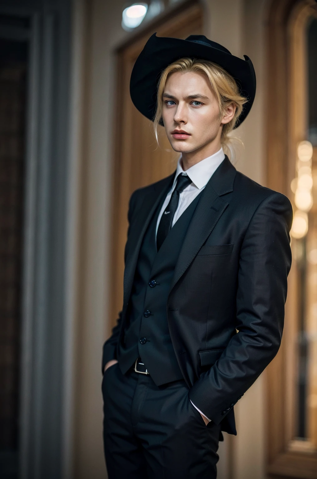 Best quality, masterpiece, ultra high res, (photorealistic:1.4), raw photo, 1girl, blonde hair, blue eyes, detailed eyes and face, black suit, dynamic lighting, in the dark, deep shadow, low key, cowboy shot full-lenght body