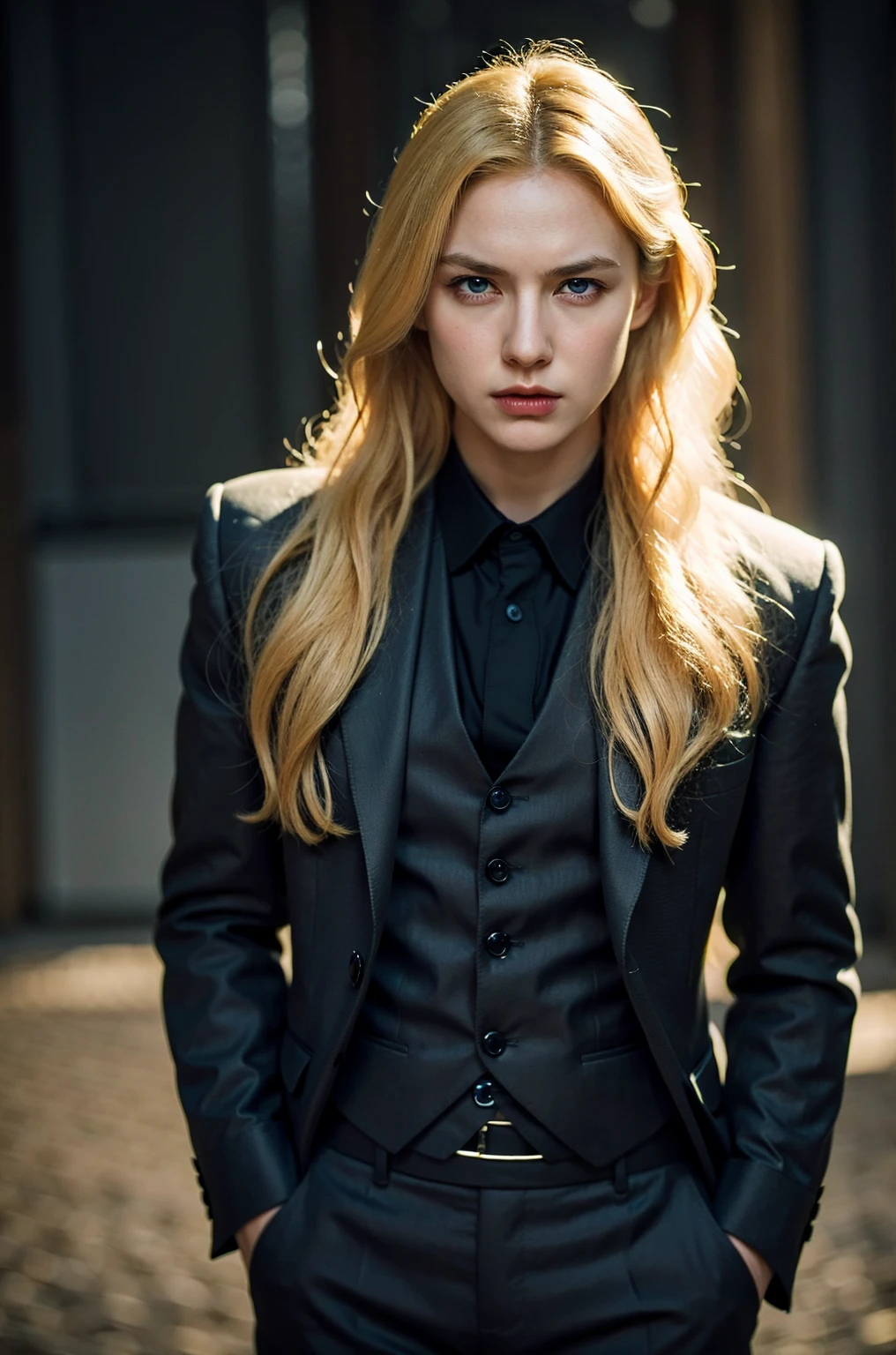 Best quality, masterpiece, ultra high res, (photorealistic:1.4), raw photo, 1girl, blonde hair, blue eyes, detailed eyes and face, black suit, dynamic lighting, in the dark, deep shadow, low key, cowboy shot full-lenght body