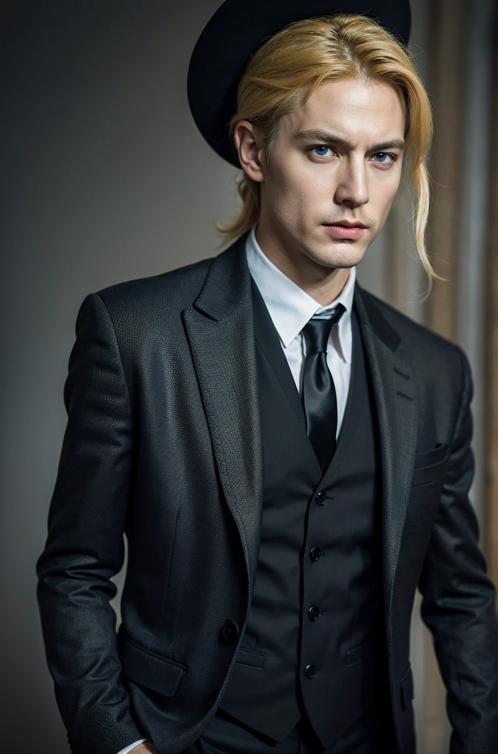 Best quality, masterpiece, ultra high res, (photorealistic:1.4), raw photo, 1girl, blonde hair, blue eyes,  detailed eyes and face, black suit, dynamic lighting, in the dark, deep shadow, low key, cowboy shot full-lenght body