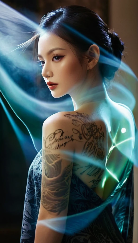 Double Exposure Style,Volumetric Lighting,a girl (Supermodel) with Wrap top,arching her back, beautiful tattoo, Traditional Attire,Artistic Calligraphy and Ink,light depth,dramatic atmospheric lighting,Volumetric Lighting,double image ghost effect,image combination,double exposure style,