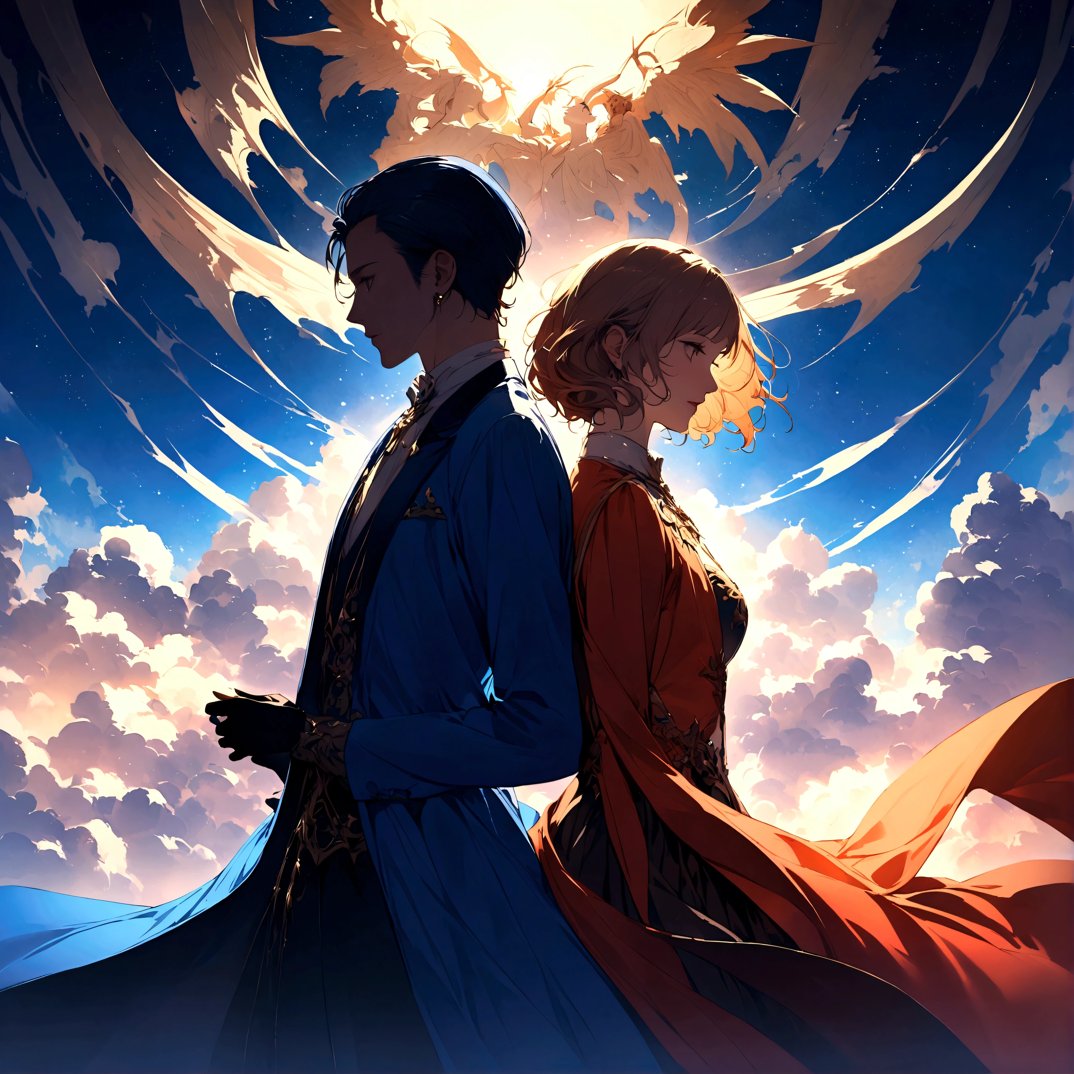 Back to back men and women silhouette Passing each other Instant Love Sea and Sky Fantasy night and day
