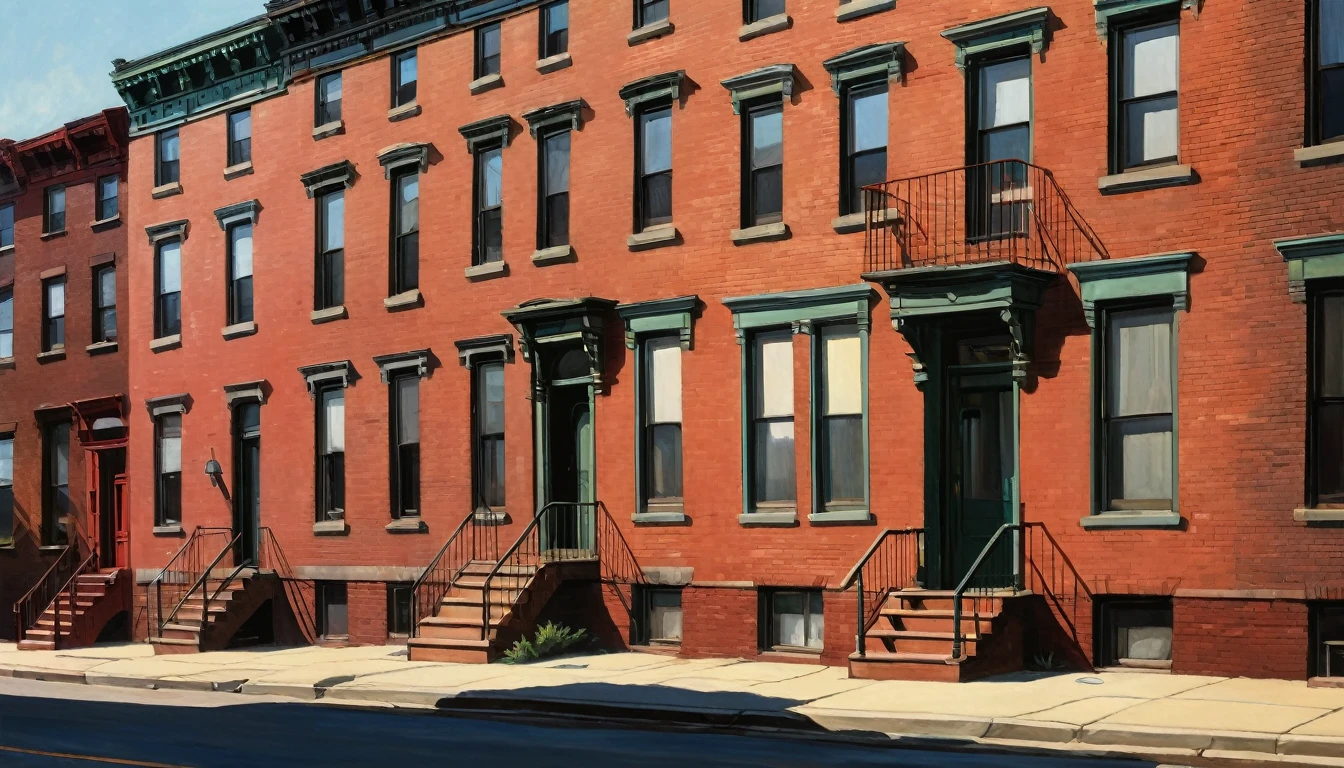 dark chiascuro urban America with red brick ghetto homes daytime sunshine, 1980s, by Edward Hopper, best quality, masterpiece, very aesthetic, perfect composition, intricate details, ultra-detailed, colorful