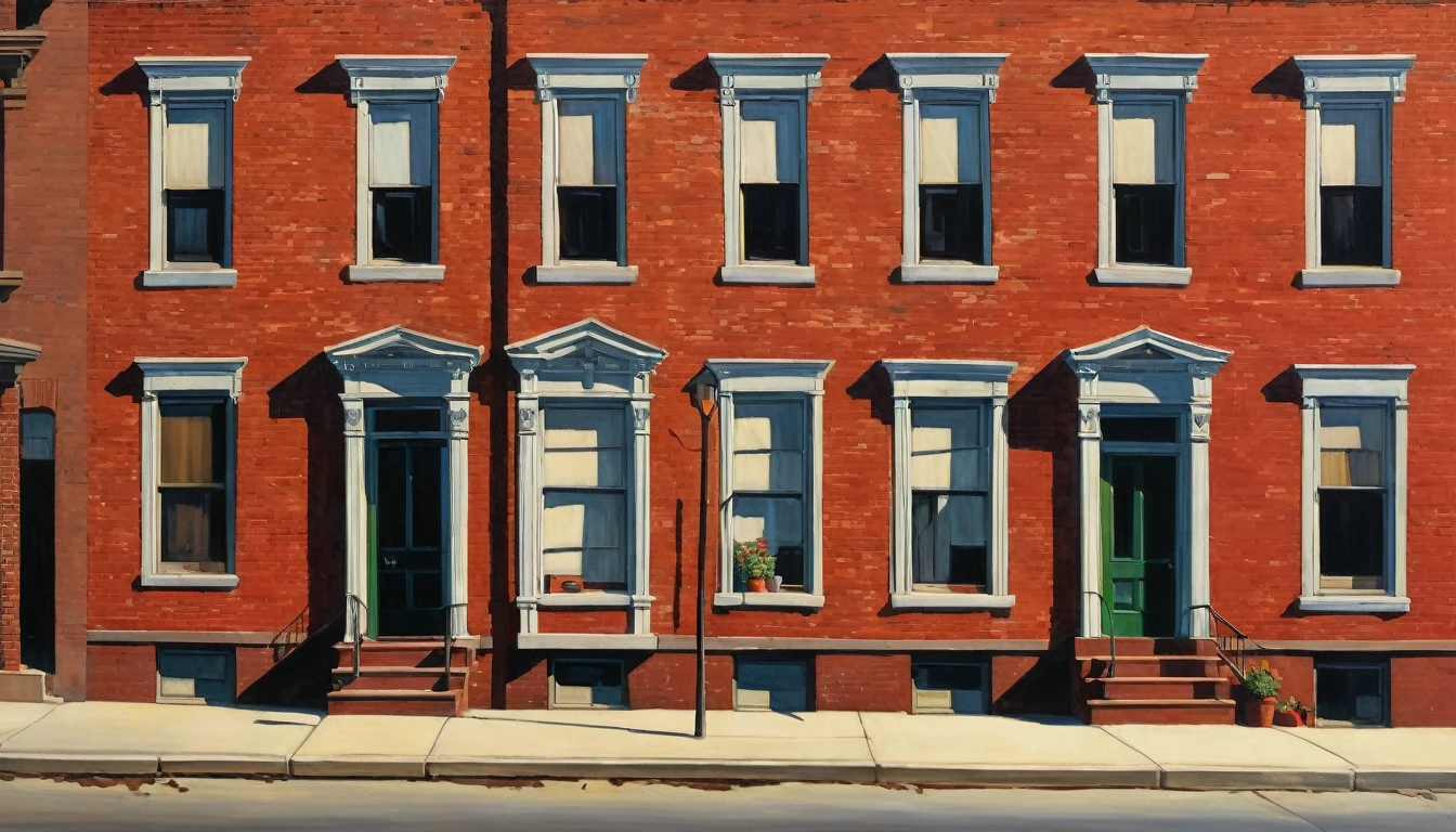dark chiascuro urban America with red brick ghetto homes daytime sunshine, 1980s, by Edward Hopper, best quality, masterpiece, very aesthetic, perfect composition, intricate details, ultra-detailed, colorful