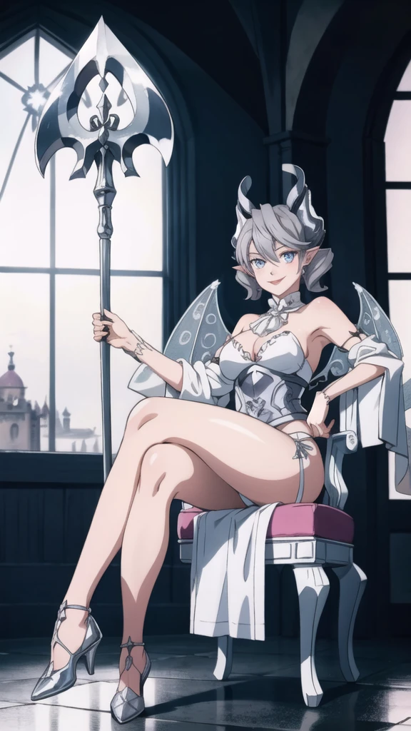 Outside castle top High level image quality best image quality 8K woman silver castle outside more colors whole body view portrait bikini horn ears short hair((shortcut)(gray hair)(perm)(fluffy)) eye color is blue , , attractive evil face , smile , sexy , labrynth , barearm , wearing pink , wings , sitting on chair ,holding her weapon , crossed legs, view foot arc , view side