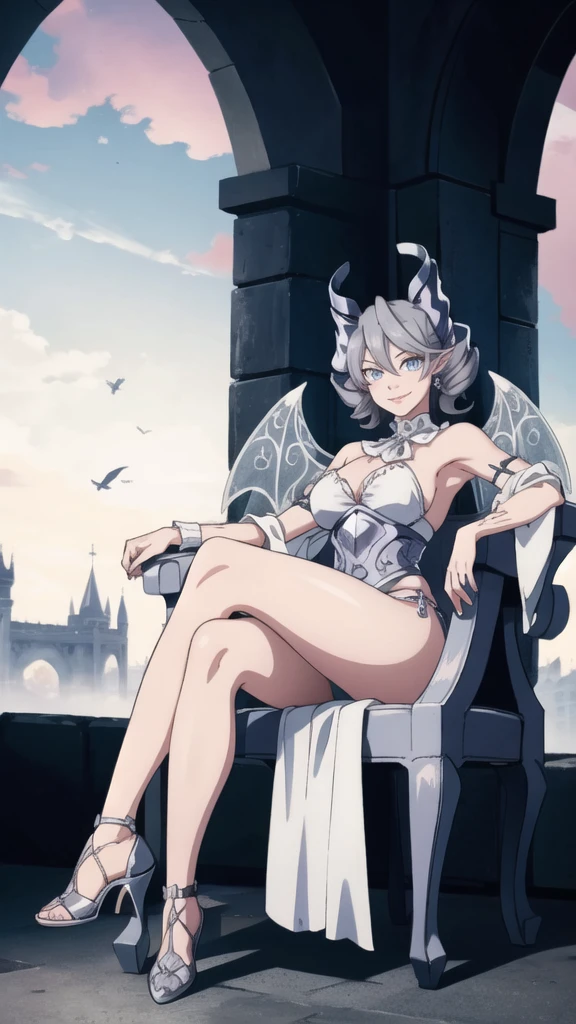  Outside castle top  High level image quality　best image quality　8K　 adult woman   silver castle outside  more colors   whole body view　portrait　 bikini   　horn    ears  　short hair（（shortcut）（gray hair）（perm）（fluffy））　eye color is blue ,  , 　attractive evil face , smile   ,  sexy pose   ,  labrynth ,  barearm    , wearing pink , wings    , sitting on chair ,holding her weapon  , crossed legs, view foot arc   , view side