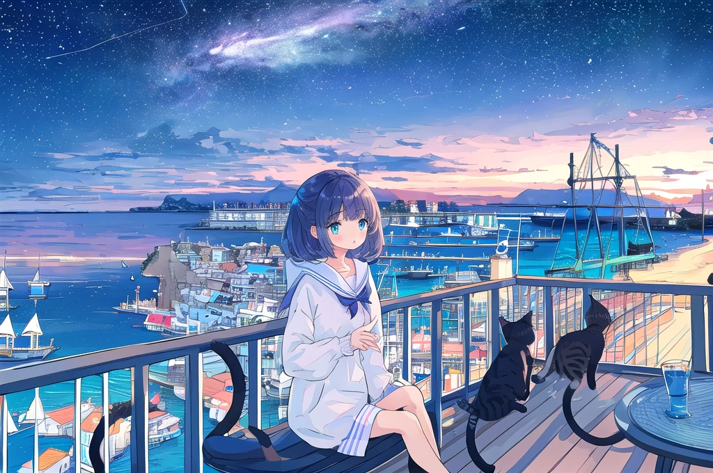 high quality、Detailed background、in 8K、Seaside town、One beautiful girl、Cute Hairstyles、Overlooking the cityscape、Midnight,detailed、pastel colour、shooting star、ripple，((Cat))、