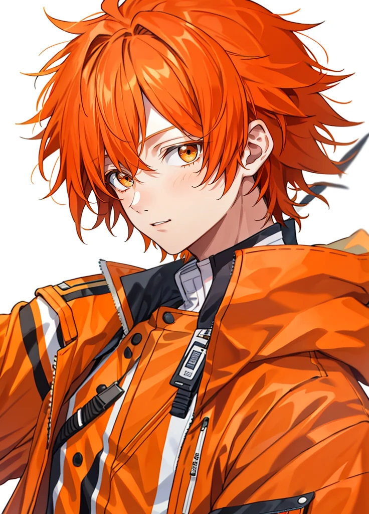 1 boy, 24 years old, messy hair, orange hair, medium hair, jacket