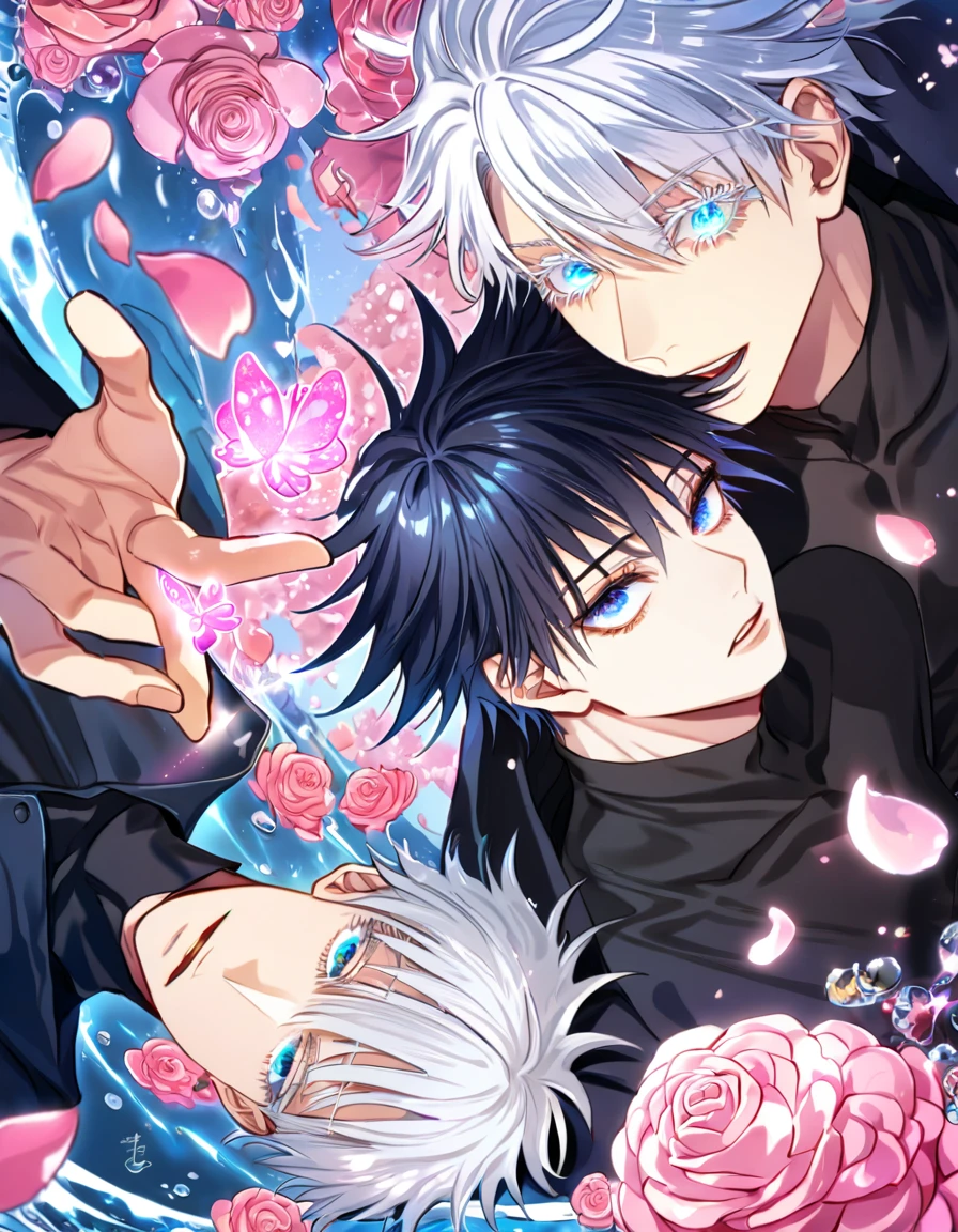 Ultra detailed, HDR, Highres, absurdres, master piece, Gojou Satoru, expressive blue eyes, white hair with bangs, white eyelashes, Fushiguro Megumi, expressive blue eyes, black hair, Jujutsu Kaisen, black coat with patterns, black tight shirt, pink glittering butterflies, pink ice, petals, pink ice glass roses, 2 men together, gay couple, love, handsome, glittering, glittering eyes, water, fantasy, magical