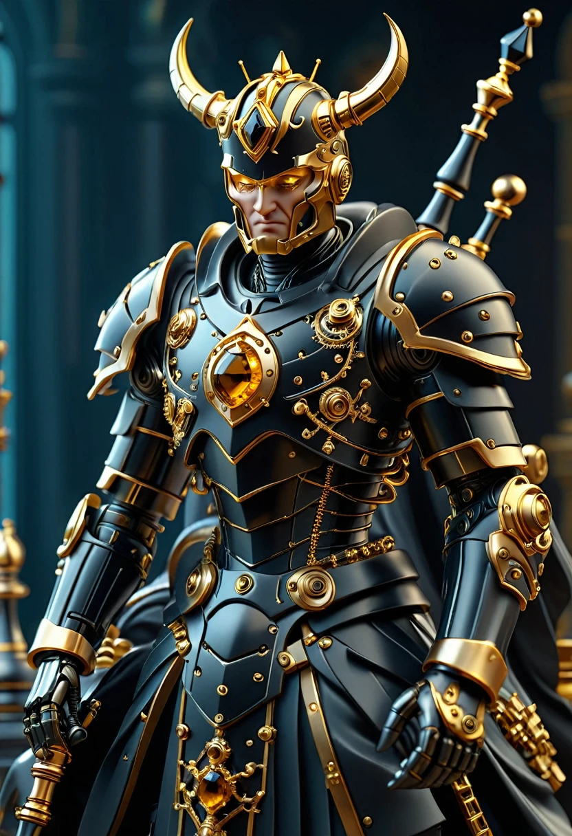 an elegant complex bio mechanical chess king onyx and gold, intricate details, 3d style, cyborg style, Movie Still, Leonardo Style, Macro Realism Style, Macro photography, close-up, hyper detailed, trending on artstation, sharp focus, studio photo, intricate details, highly detailed, 8k