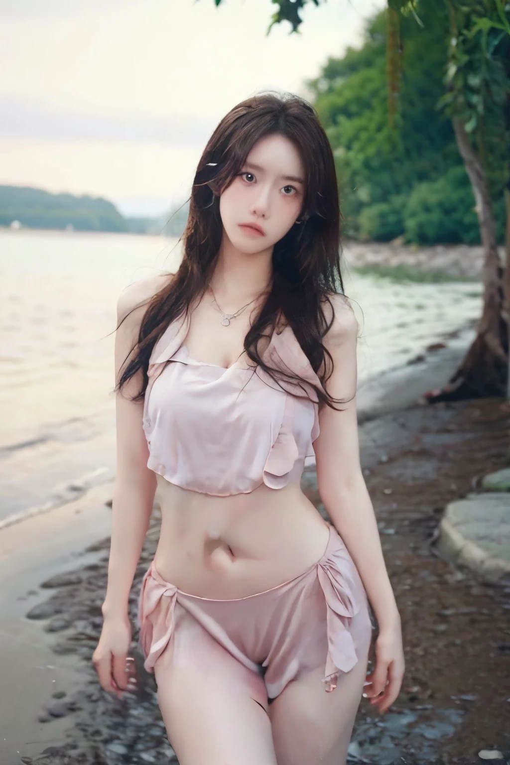 Beautiful woman with perfect body：1.4，Prominent cleavage，Layered Hairstyle，Highly detailed face and skin textures，Double eyelids，Skin Whitening，Long hair，Whitened long legs，（Bellyband，necklace），Standing by the sea，Half-length photo