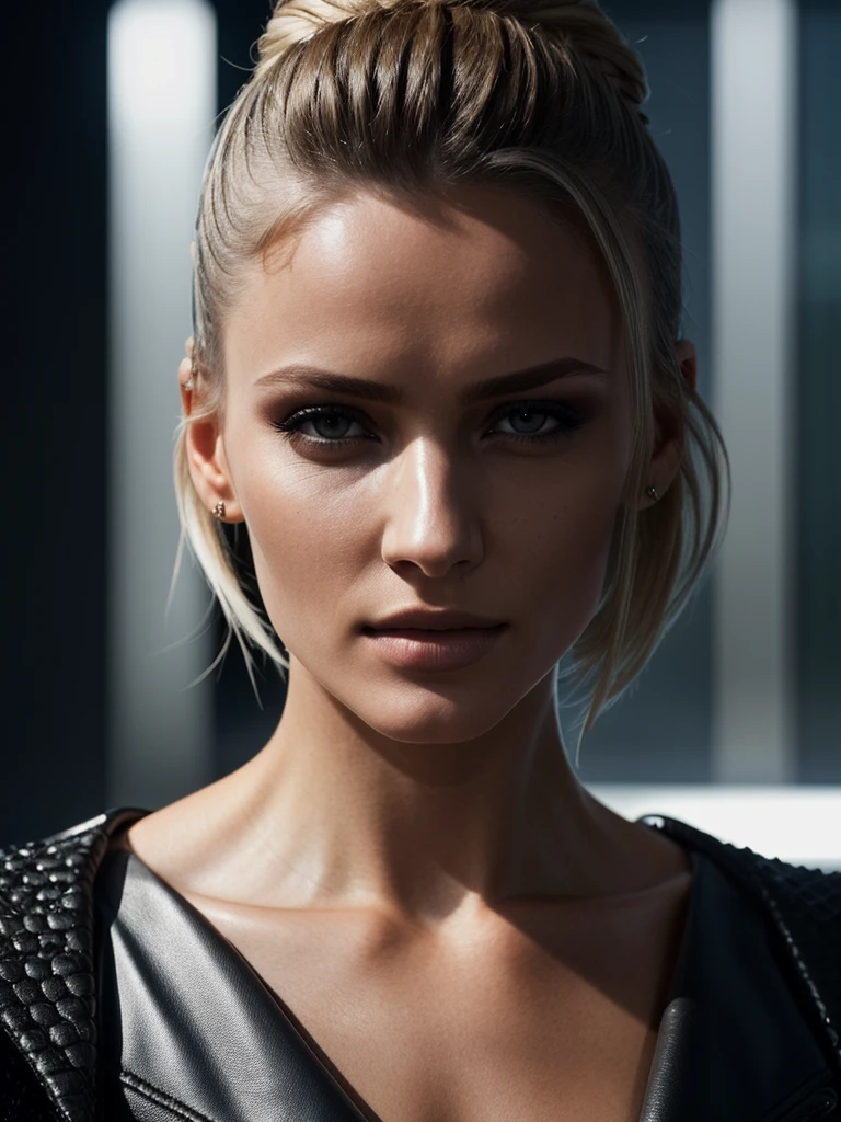Best Quality, Ultra-High Definition, 8K Resolution, 32K Resolution, Masterpiece, High Detail, Ultra-Detailed, Photorealistic, Hyper-Realistic, Extremely Detailed, High Fidelity, Crisp Details, Sharp Focus, Realistic Textures, Intricate Details, Highly Detailed Eyes, Realistic Skin Texture, Beautiful photograph, low angle shot, intricate details, full body shot, Icelandic woman. with cyberpunk hairstyle features clad in a scantly clad cyber outfit, facing the camera, dark , in the style of high fashion, absolutely lavish surfaces, a mesmerizing blend of light and shadow, unique natural textures,