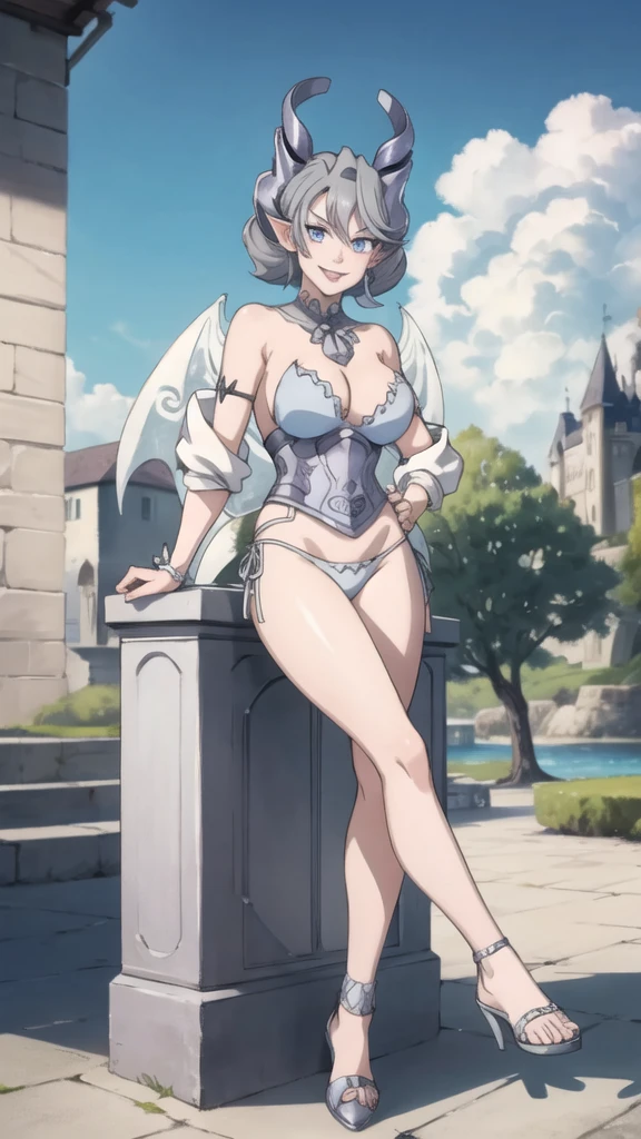 Outside castle top High level image quality best image quality 8K adult woman silver castle outside more colors whole body view portrait bikini horn ears short hair((shortcut)(gray hair)(perm)(fluffy)) eye color is blue , , attractive evil face , smile , sexy pose , labrynth , barearm , wearing pink , large wings , standing , crossed legs, view foot arc , view side