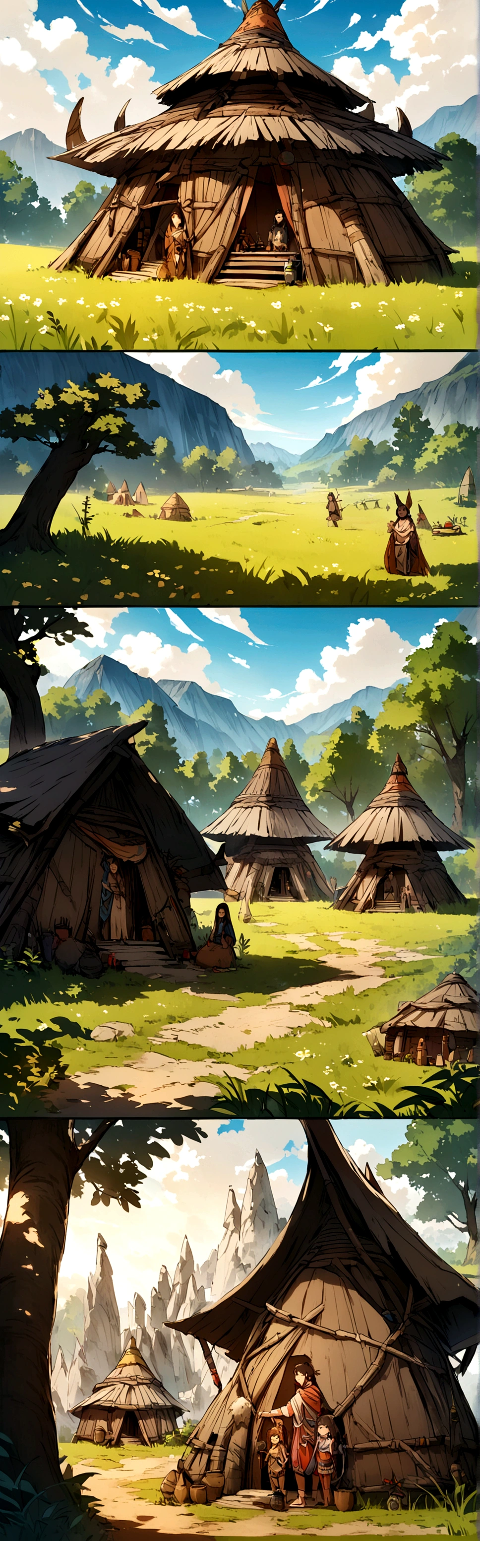 Nature, Open Field, High Fantasy, Dark Fantasy, Some Primitive Tribal Dwellings