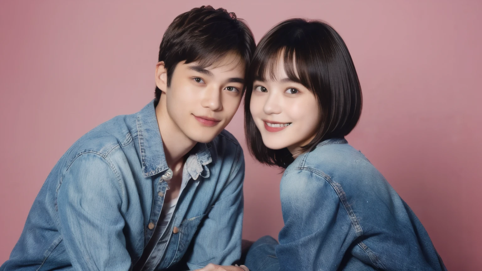 251 (An 18-year-old female and an 18-year-old male), (short hair),kind, lipstick, (jeans), (FloralTshirt), smile