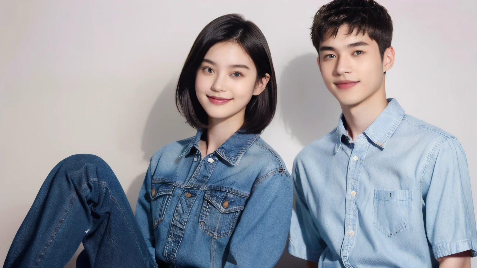 251 (An 18-year-old female and an 18-year-old male), (short hair),kind, lipstick, (jeans), (FloralTshirt), smile