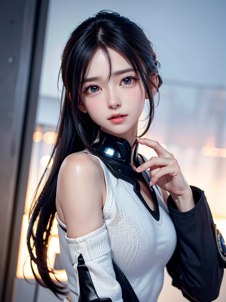 Highest quality、8K Masterpiece、Ultra-high resolution、(Photorealistic:1.3)、RAW Photos、One Girl,Very cute girl at 15 years old,Big eyes,The face is facing straight ahead,Body facing forward,Beautiful nose,Fuller lips,Short black hair,ponytail,Detailed eyelashes,Thin eyebrows,Symmetrical eyes,Future City、Soldier、war、Cyber City、Body Armor、Futuristic Machine Gun、